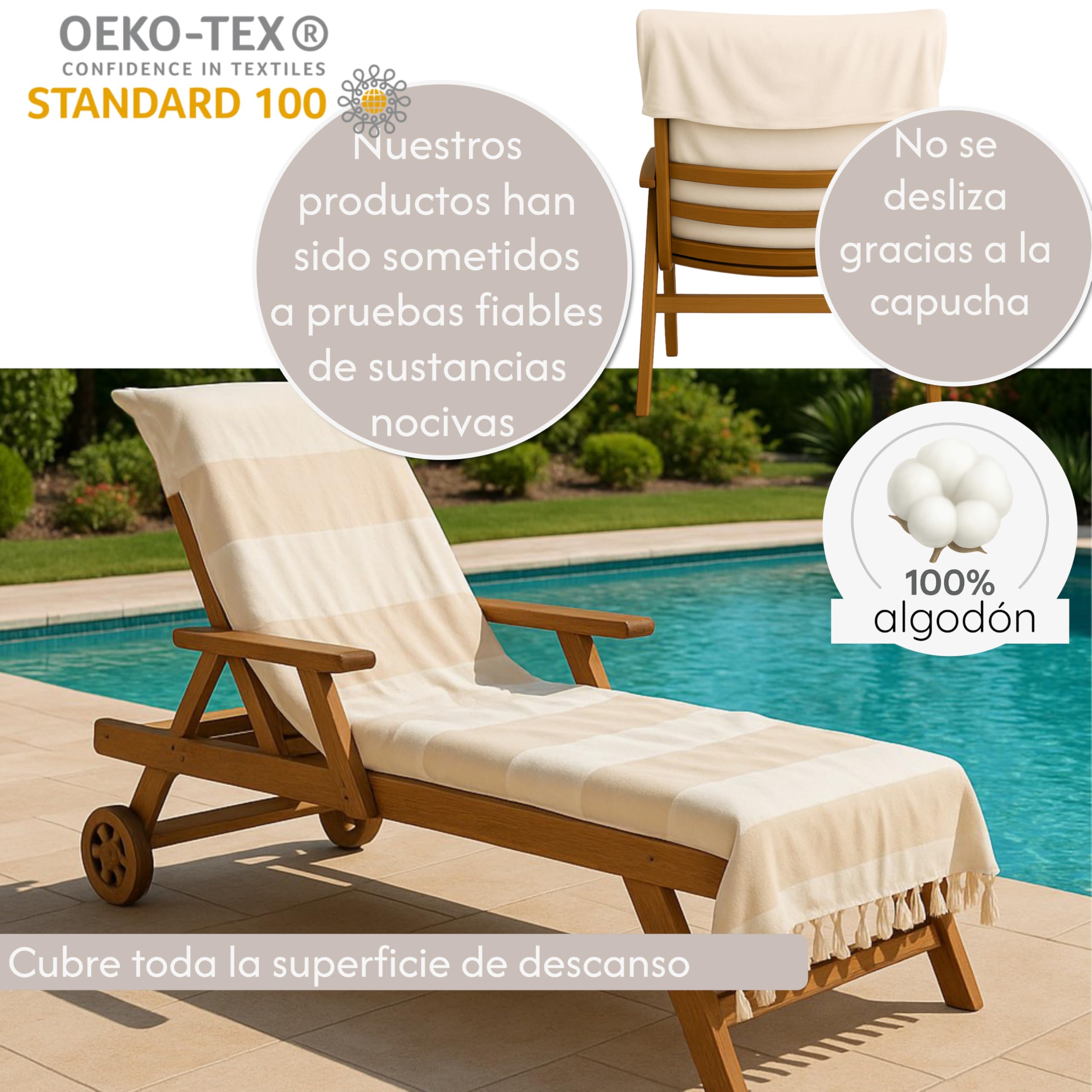 Toalla para tumbona - 200 x 70 cm - Con capucha - 100 % algodón - Funda para tumbona de jardín, tumbona - Con sobrecubierta - Funda para tumbona de playa (marrón)