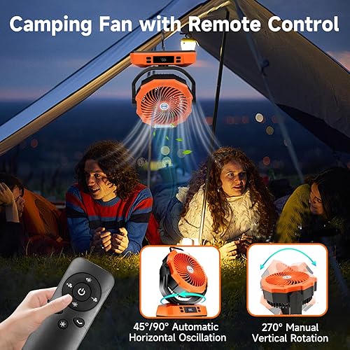 Miniatura 4 de Ventilador de campamento recargable portátil de 12 pulgadas, ventilador de batería de 40000 mAh con luz LED, pantalla digital, temporizador, 6