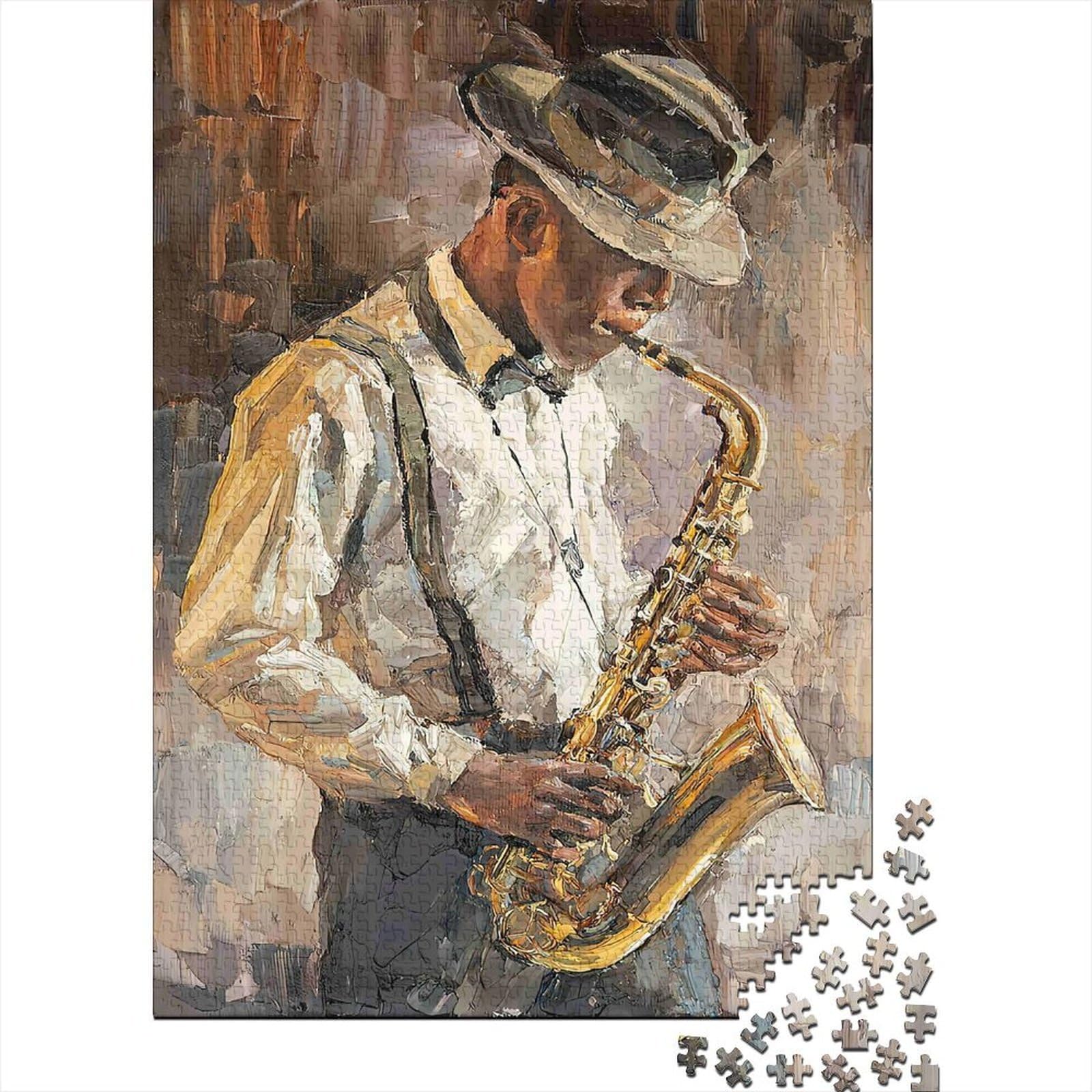 Saxophone Player 1000 Piece Jigsaw Puzzle Cardboard for Adults Oil Painting Style Brain Teaser Wall Art Decor Leisure Hobby