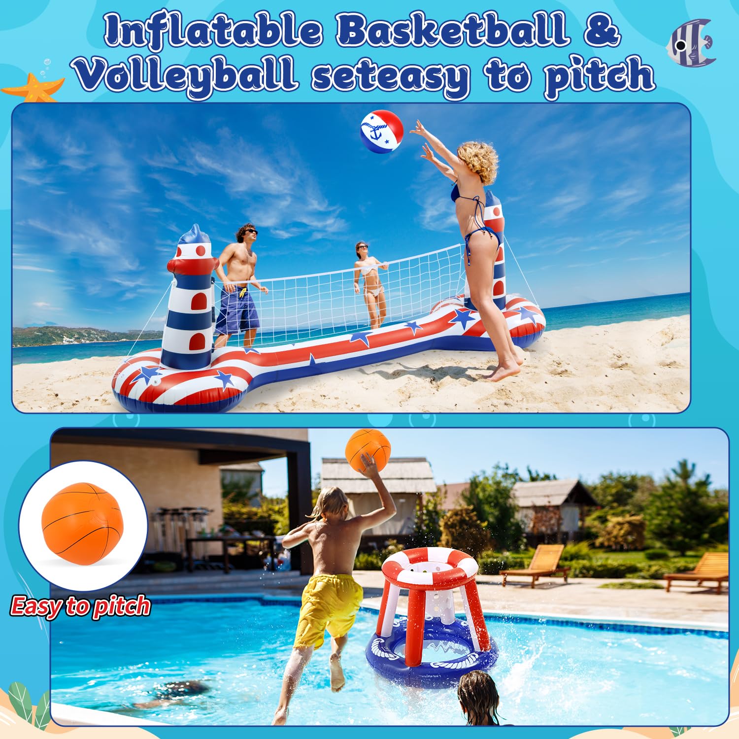 EagleStone Set di rete da pallavolo per piscina con canestro da basket, set di galleggianti gonfiabili per piscina con bandiera americana, rete da pallavolo e canestro da basket