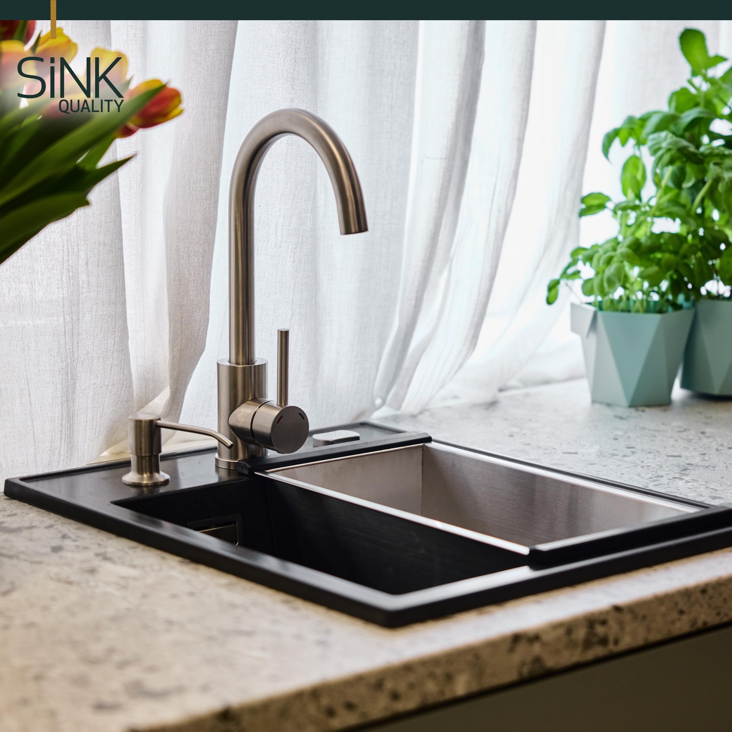 SINK QUALITY Zlewozmywak z granitu, czarny, nakrapiany, 40 x 50 cm, syfon i impregnacja, bez ociekacza, mały zlew kuchenny, do dolnych szafek od 40 cm szerokości