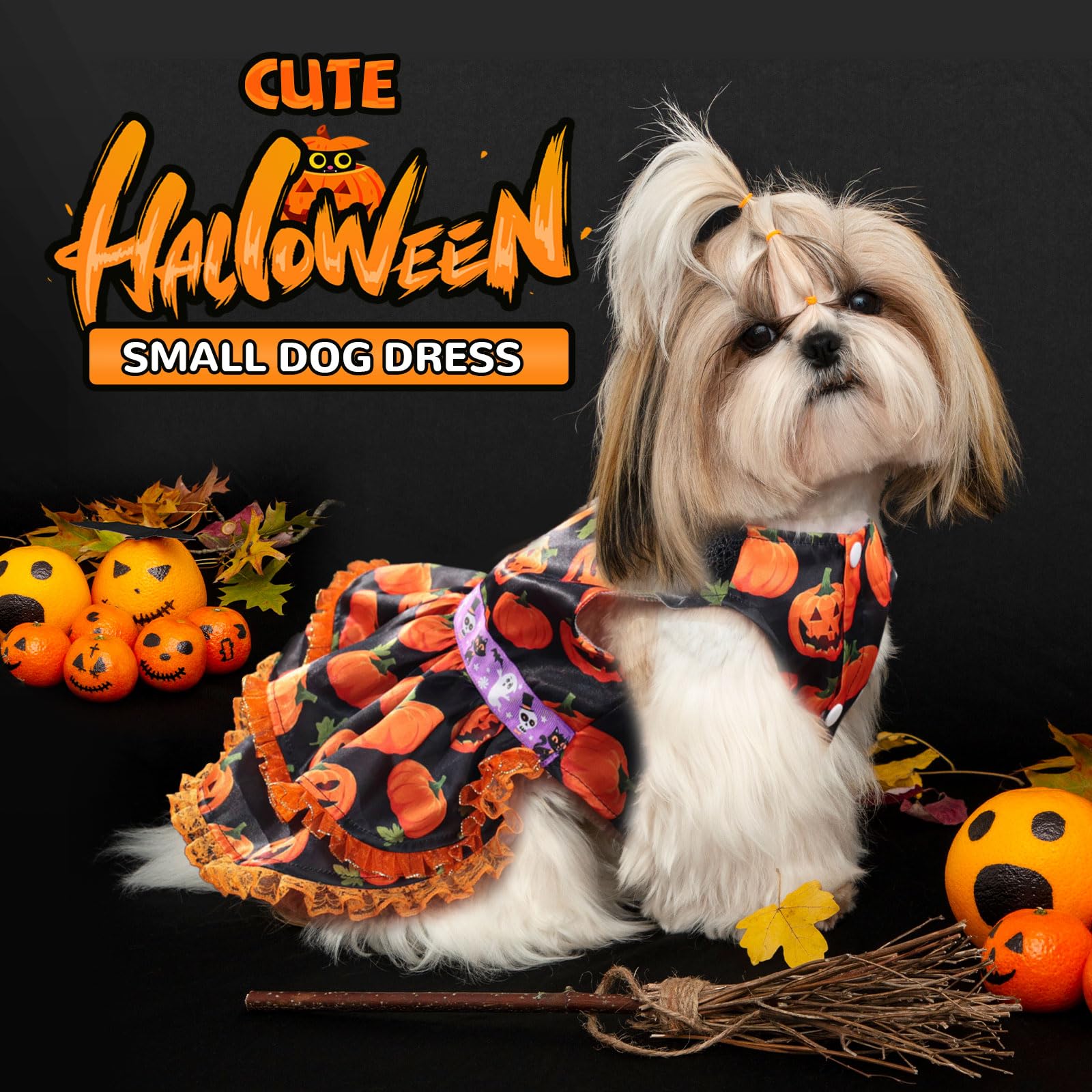 UETZLTB Halloween Dog Dress Cute Pumpkin Dog Halloween Costume for Small Dog Girl Fancy Sleeveless Ruffle Puppy Dress for Cats Pet Costume Clothes Chihuahua Yorkie Outfit for Holiday, Medium