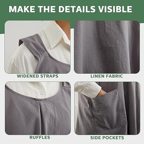 Miniatura 4 de JaGely Paquete de 2 delantales de cocina de lino japonés con espalda cruzada para mujeres y hombres con 2 bolsillos, lindo vestido de jardinería