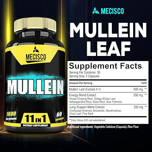 Miniatura 2 de Mecisco Suplemento de hoja de gordolobo con raíz de ginseng Panax, Cordyceps Sinensis y más - 60 cápsulas - Apoyo 11 en 1 para la salud