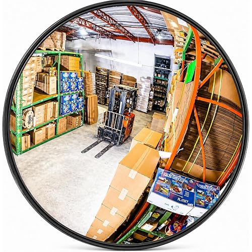 12” Acrylic Convex Mirror, Round Indoor Security Mirror for the Garage Blind Spot, Store Safety, Warehouse Side View, and More, Wall Mirror for Personal or Office Use - Vision Metalizers,Black