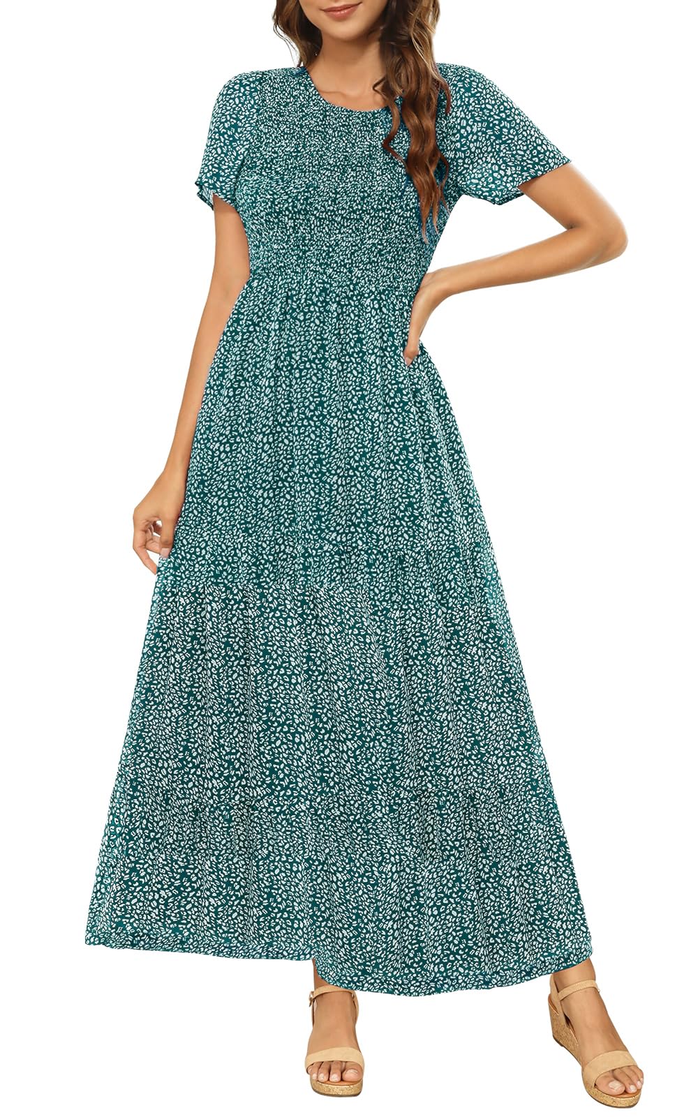 Maggeer Womens 2026 Summer Spring Smocked Wedding Guest Maxi Dress Casual Short Sleeve Floral Boho Flowy Long Dress