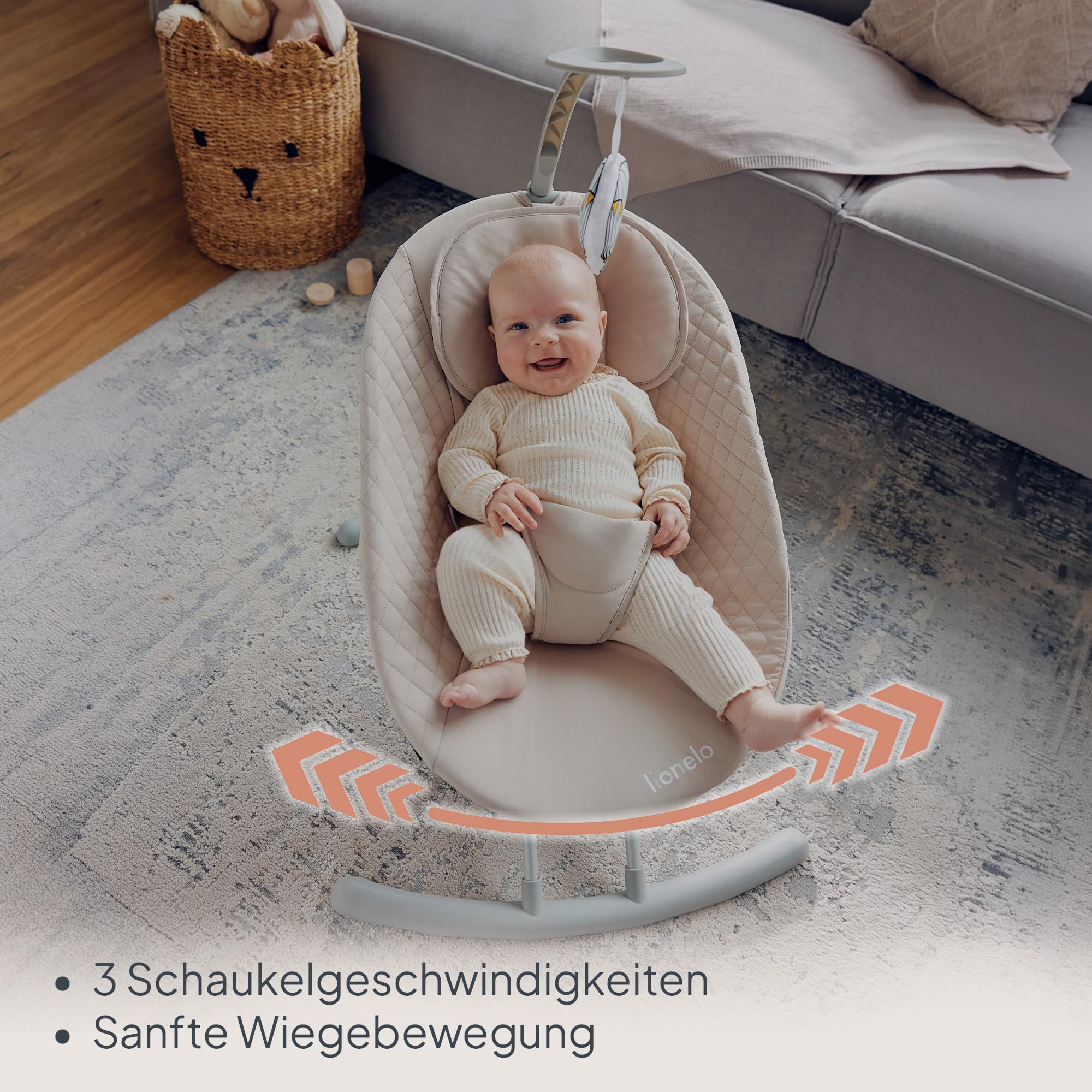 LIONELO RIO Elektrische Babywippe für Kleinkinder bis zu 9 kg | Verstellbare Rückenlehne 3 Wiegegeschwindigkeiten, Polster Sitzgurte Melodien und Geräusche der Natur Leichtes Gewicht 3,5 kg