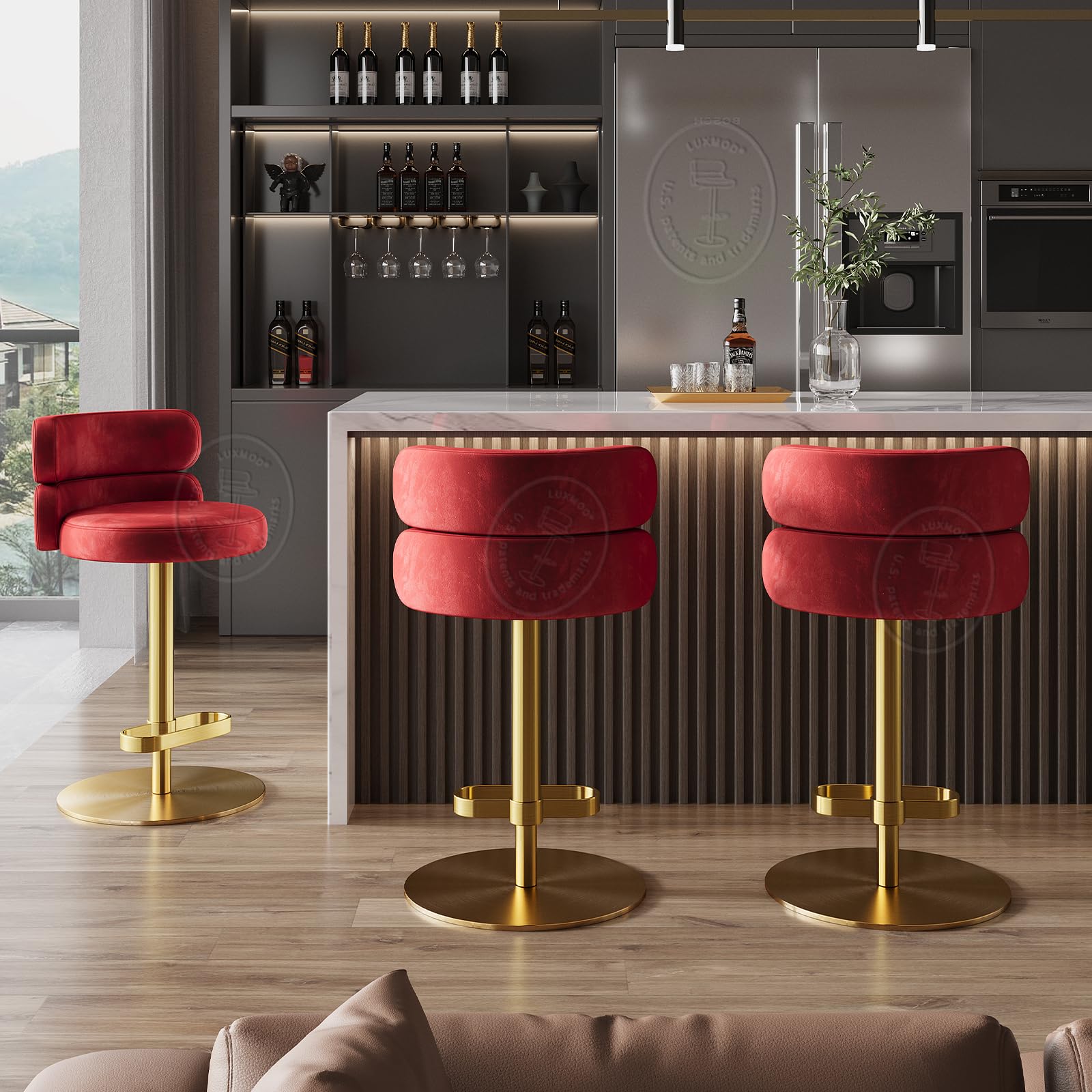 LUXMOD Modern Velvet Bar Stools Set of 2, Counter Height Swivel Chairs with Ergonomic Backrest, Gold Base, Pink Upholstered Seat, Adjustable Height