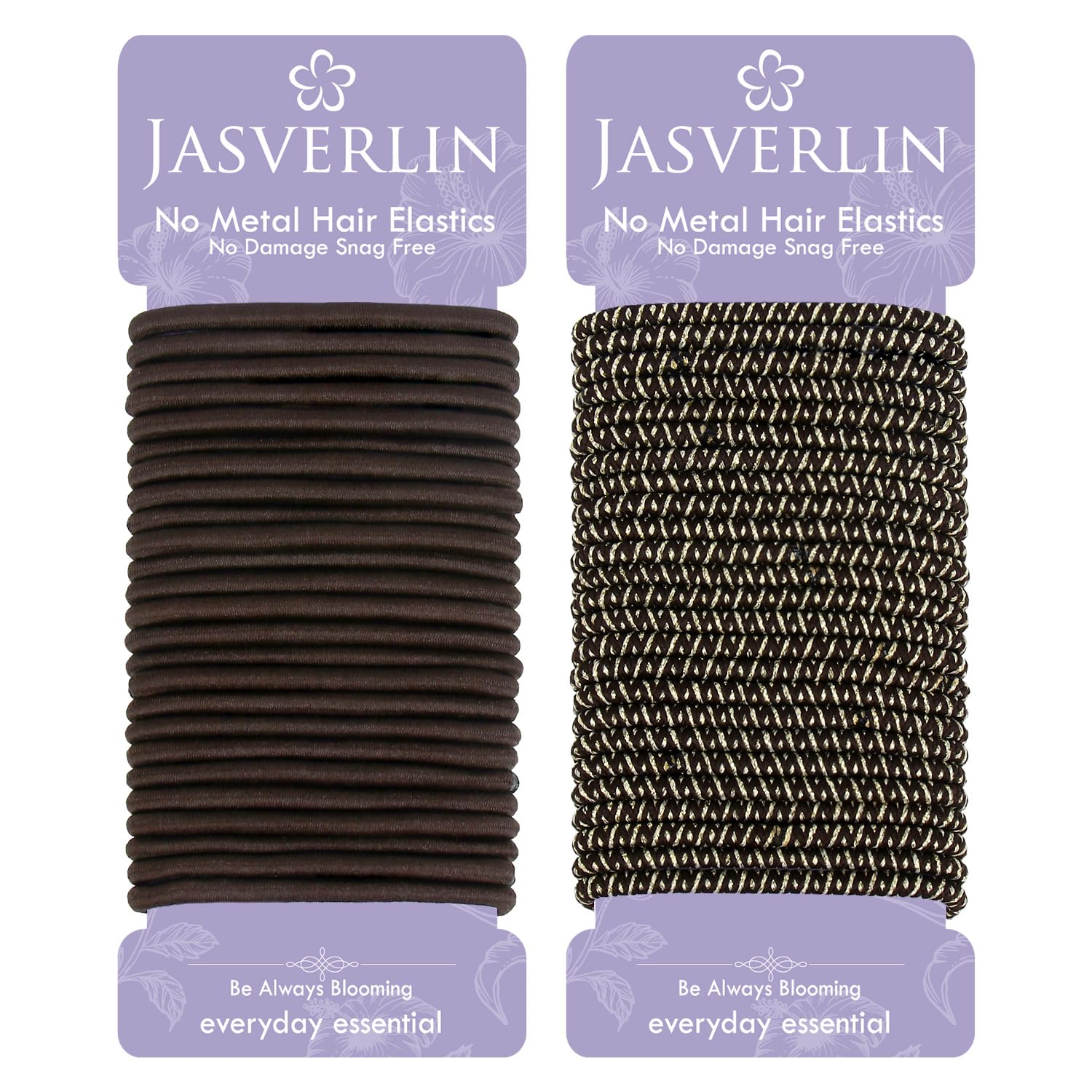 JASVERLIN Brown Hair Ties, Nylon Rubber Bands for Women, No Metal Glittery Ponytail Holders for Thick to Medium Curly Hair, Premium Stretchy Elastic Band Girls Hair Accessories 50pcs 1/8 Inch (Gilt Palm)