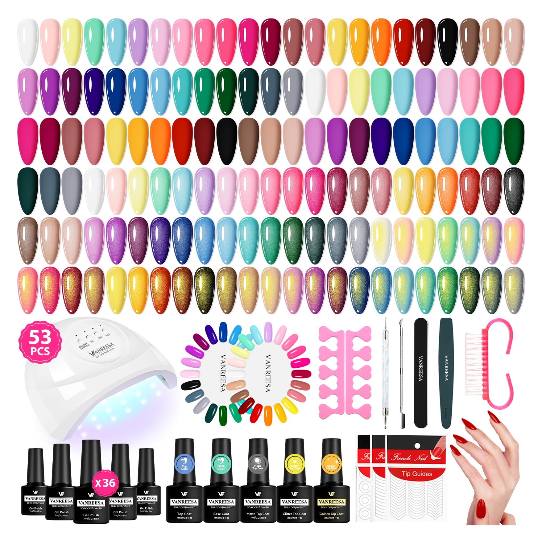 VANREESA Gel Nail Polish Kit with U V Light 53 Pcs Gel Polish Nail Set 36 Trendy Colors Nail Polish Set + Base and 4 Effects Top Coat with Manicure