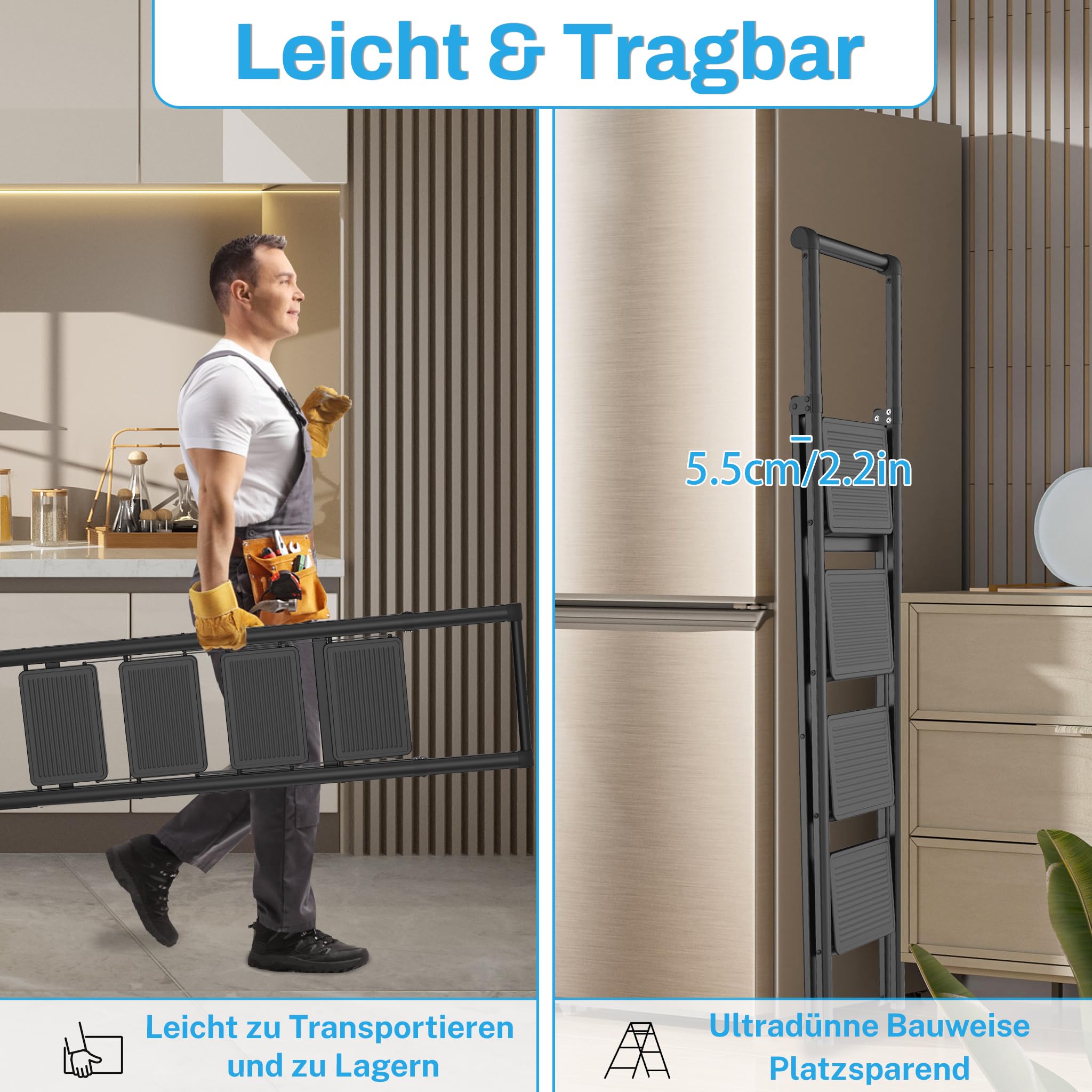 Froadp Trittleiter 4 Stufen Klappbar rutschfeste Stehleiter Eisen Klappleiter Multifunktionale Leiter mit Handlauf Tritthocker Haushaltsleiter für Haus Küche und Außenbereich Belastbar bis 270 kg