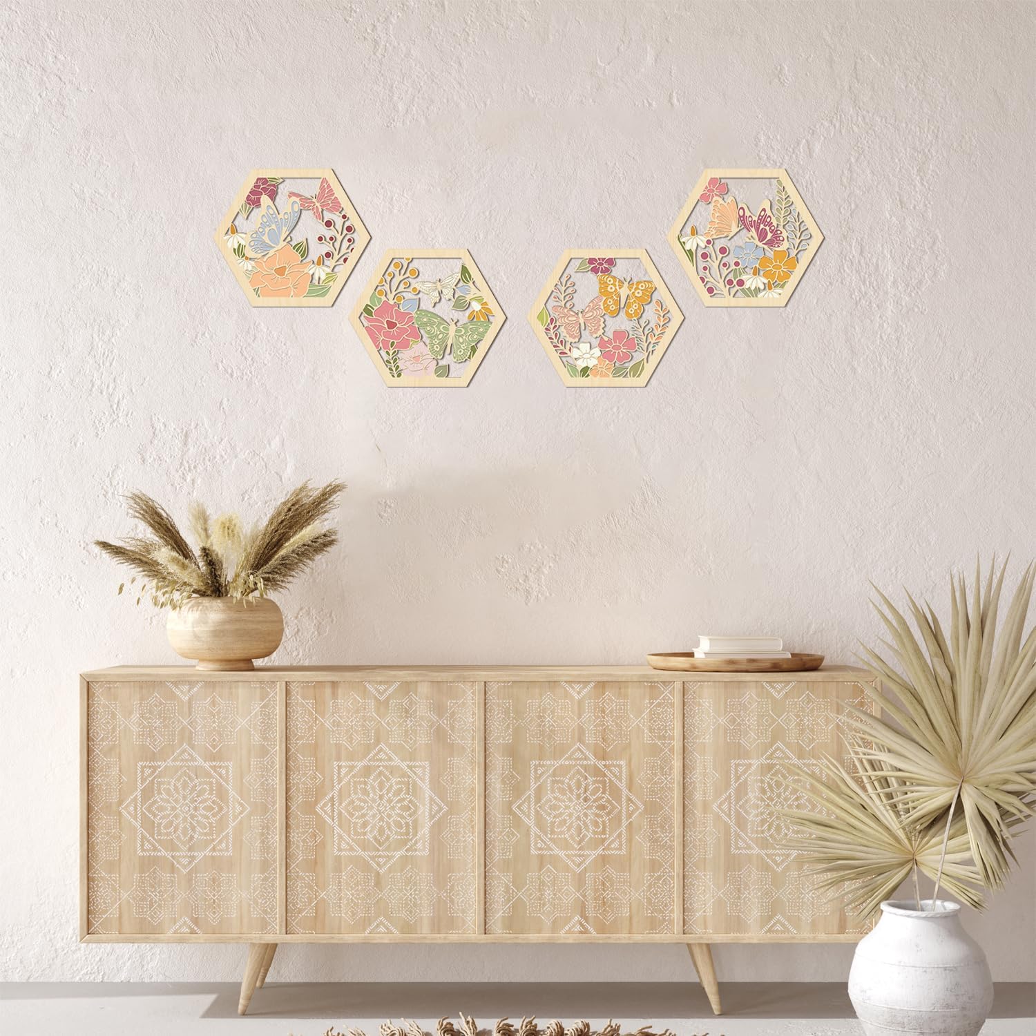 HOURIA 4Pcs Boho Butterfly Flower Wood Wall Decors(11.1”x9.7”), Abstract Watercolor Wildflower Wooden Wall Hanging Sign,Bohemian Minimalist Floral Botanical Art Print for Bedroom Living Room Office image 4