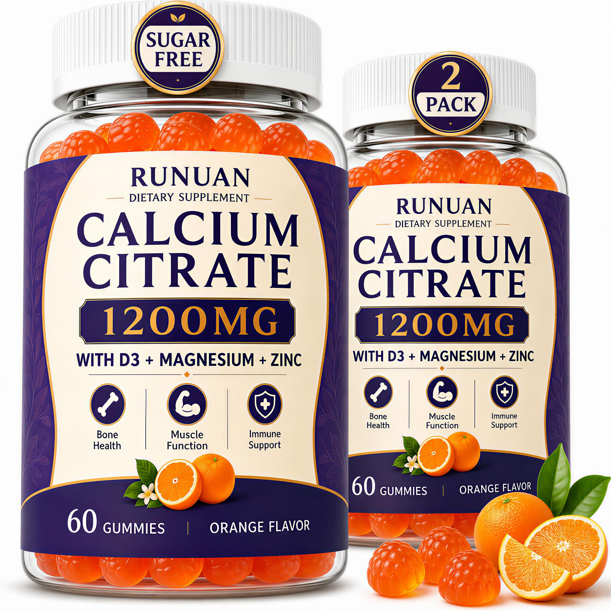 2PACK Calcium 600mg 1200mg Magnesium Zinc D3 Gummies for Women Men 60 Count (Pack of 2)