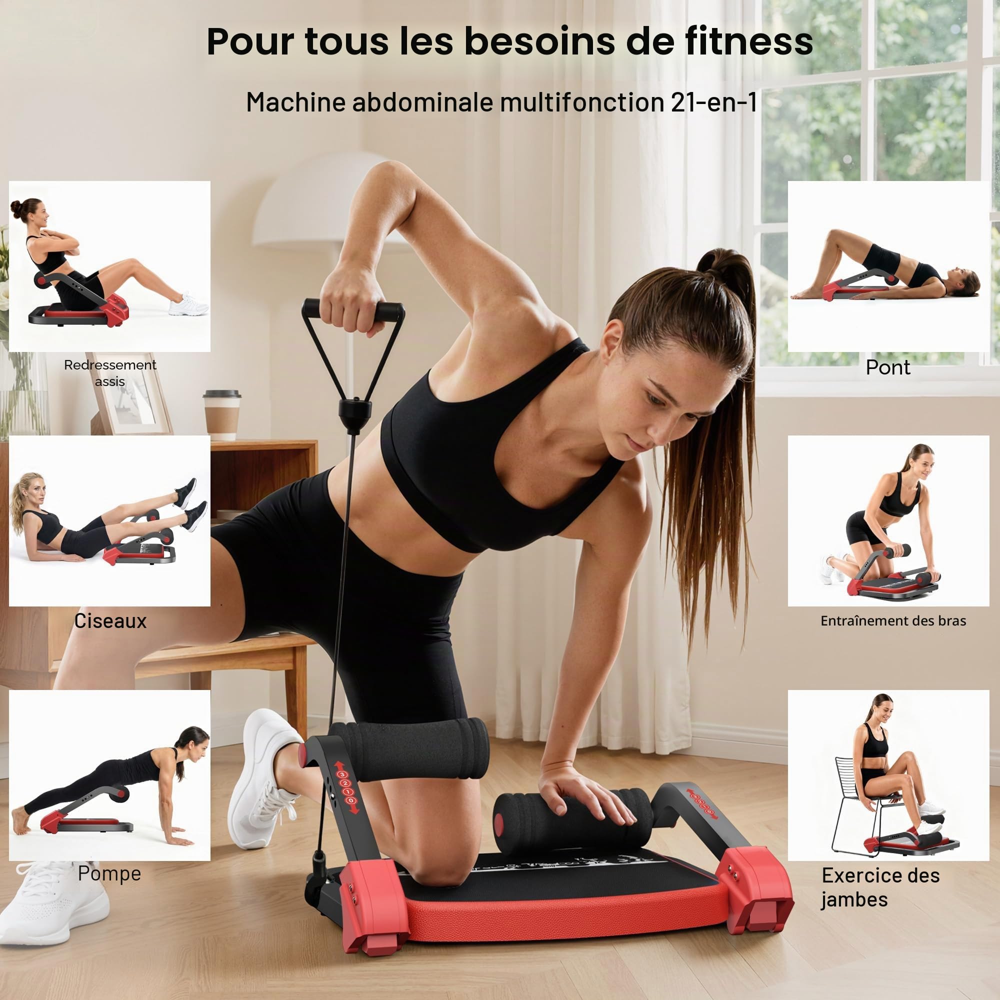 Appareil Abdominal, Matériel de Sit-Up avec deux cordes de tension, résistance réglable sur 4 niveaux, rebond automatique, trainer abdominal pour la maison et la salle de sport