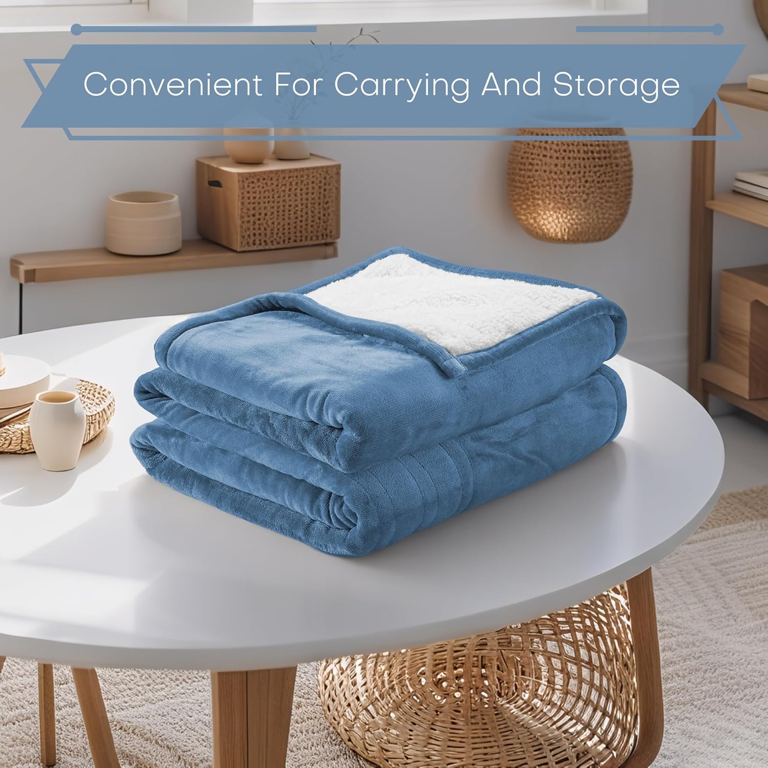 Electric Heated Blanket Throw Size 50"x60" - Flannel & Sherpa Fabric Dual-Sided, 6 Heat Settings & 1-3 Hours Auto Off, Soft & Cozy Warming Throw for Home, Office, or Bed, Machine Washable, Slate Blue - Image 5