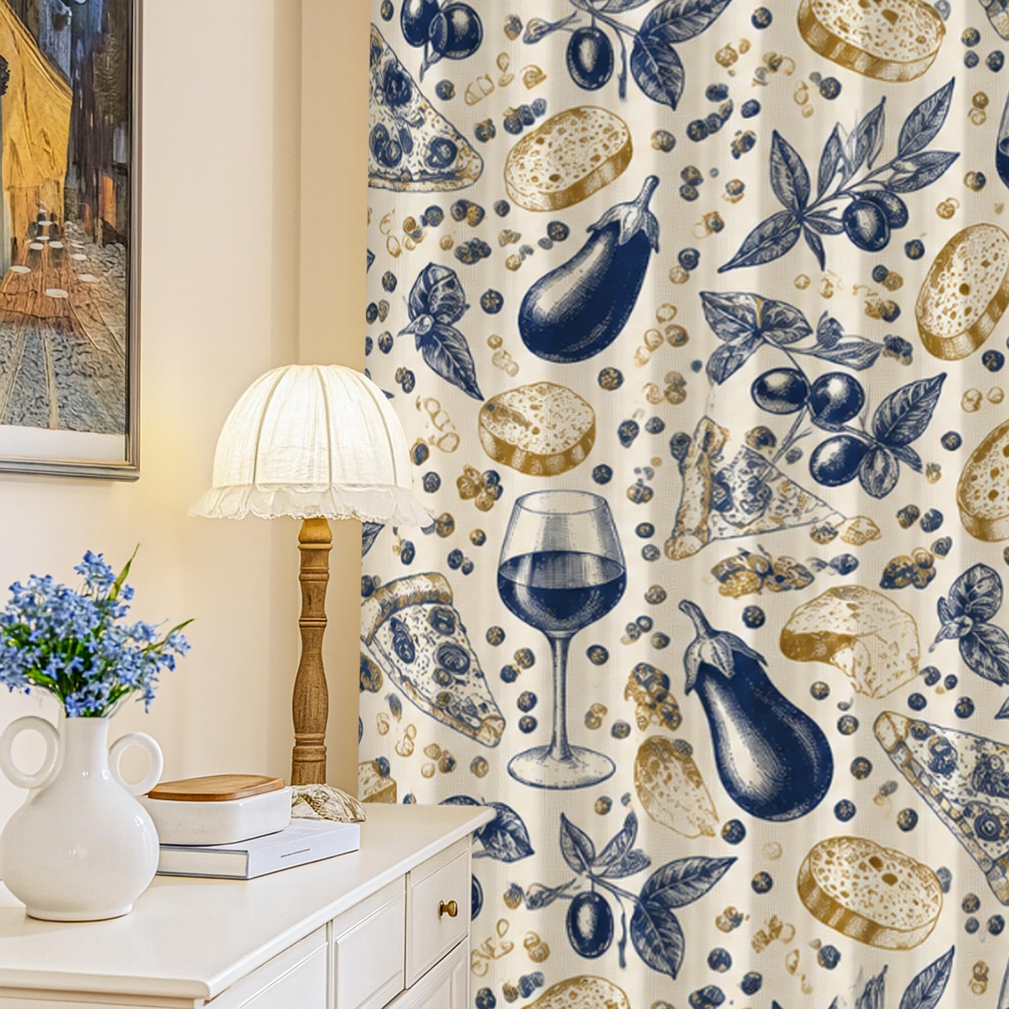 Rideaux occultants haut de gamme bleu marine décor gourmet rustique