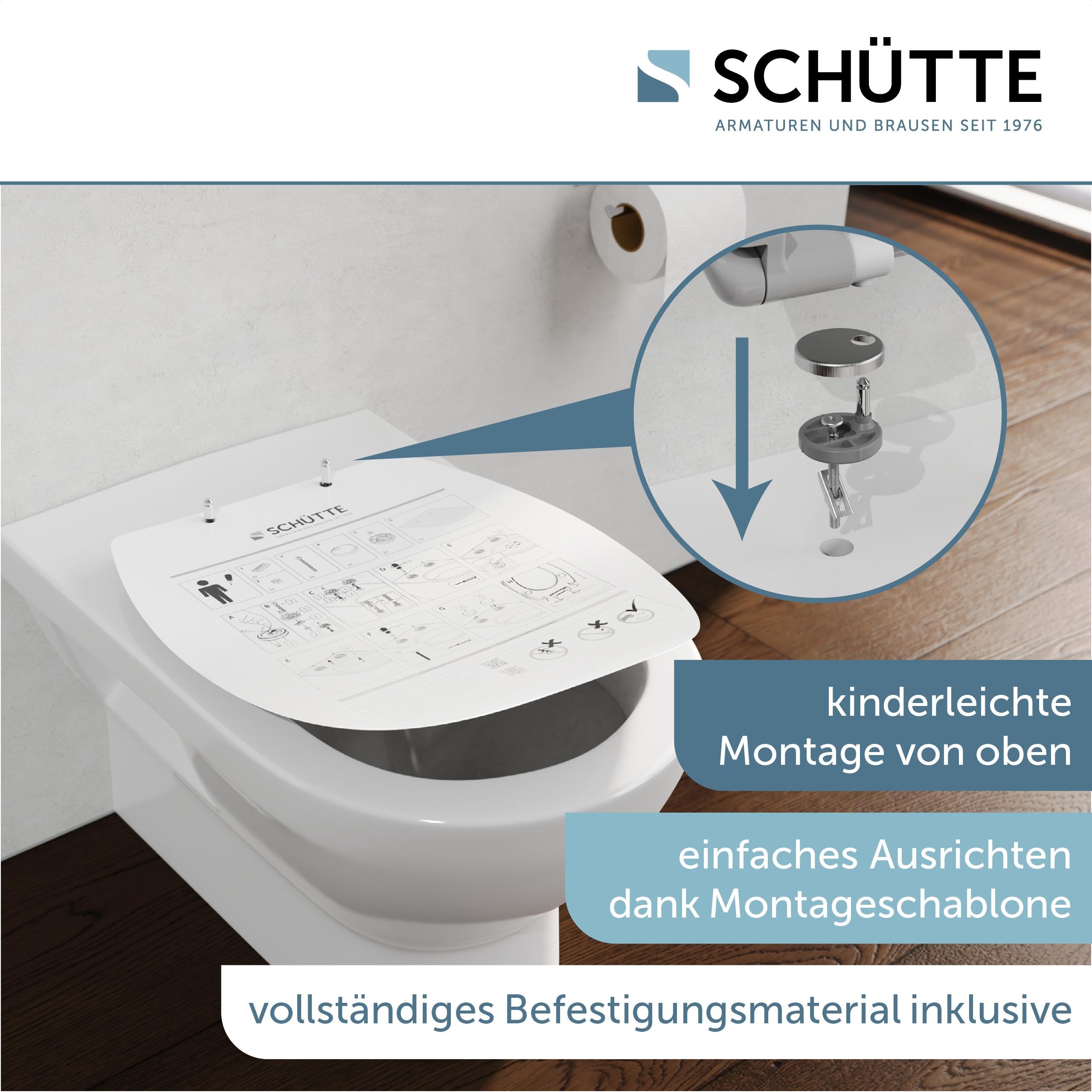 SCHÜTTE Oval WC-Sitz mit Absenkautomatik, Abnehmbarer Klodeckel aus bruchsicherem Duroplast, DIY Montage mit Klebepads und Schablone, Toilettendeckel und Brille bis 200 kg belastbar, Grau