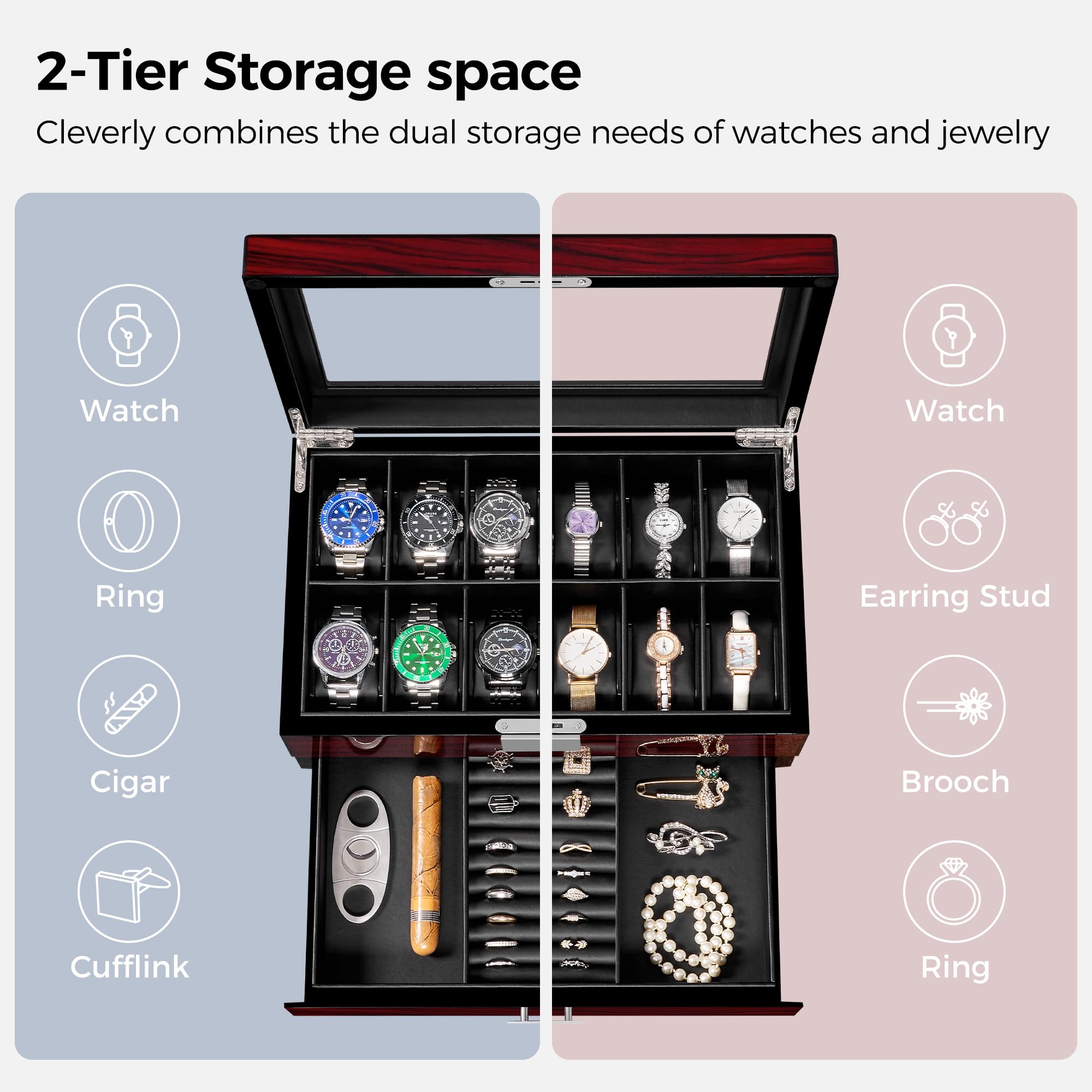 ANWBROAD 12 Boîte à Montres Montres et Lunettes avec Tiroir à Bijoux | Emplacements Boite A Montre Homme 2 Couches Avec Grand Couvercle En Verre Rangement Montre Stand, Serrure JWB001Y