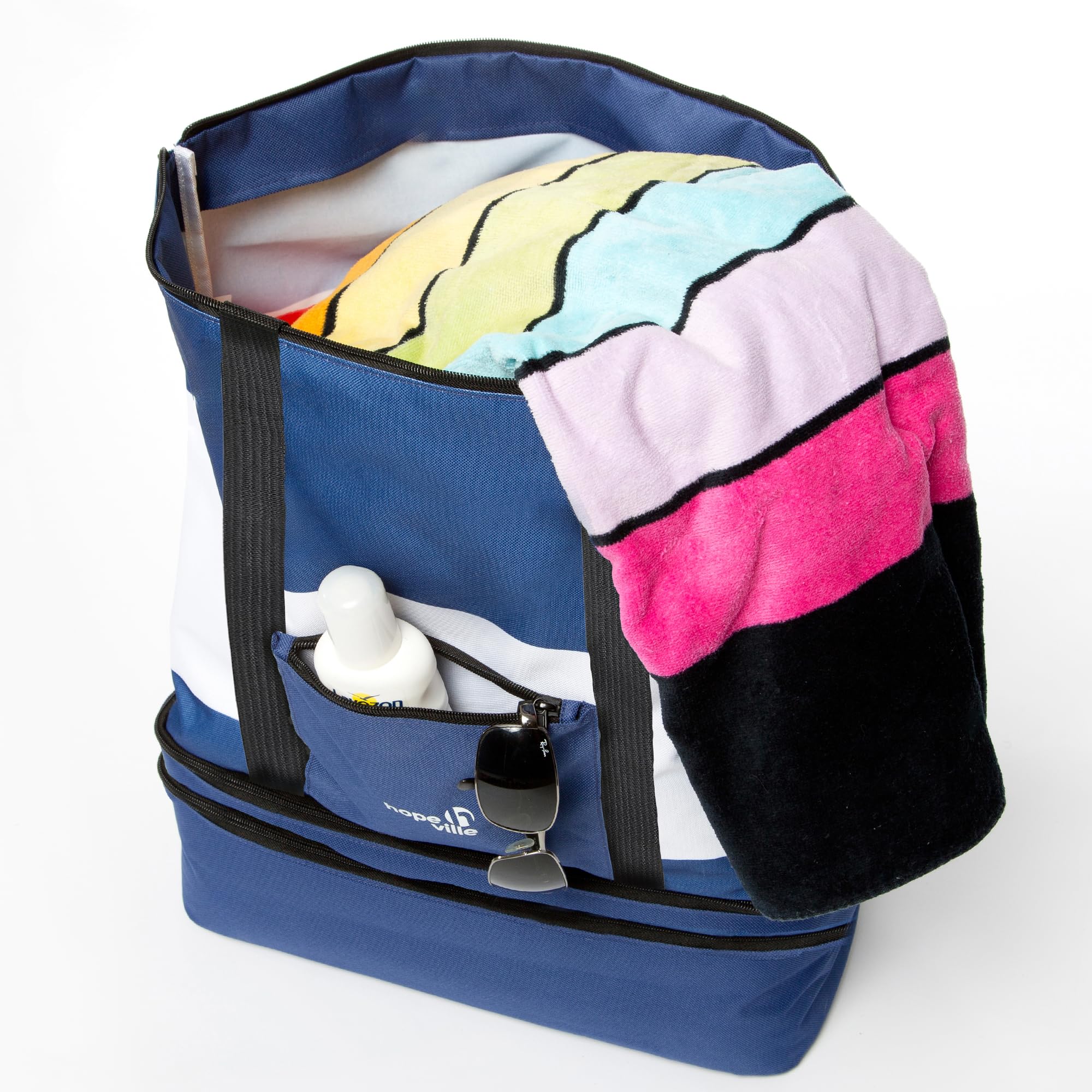 große XXL Strandtasche mit Reißverschluss und integrierter Kühltasche, wasserabweisende Familien Picknicktasche im Marine-Look für Urlaub, Picknick und Shopping (Blau-Weiß)