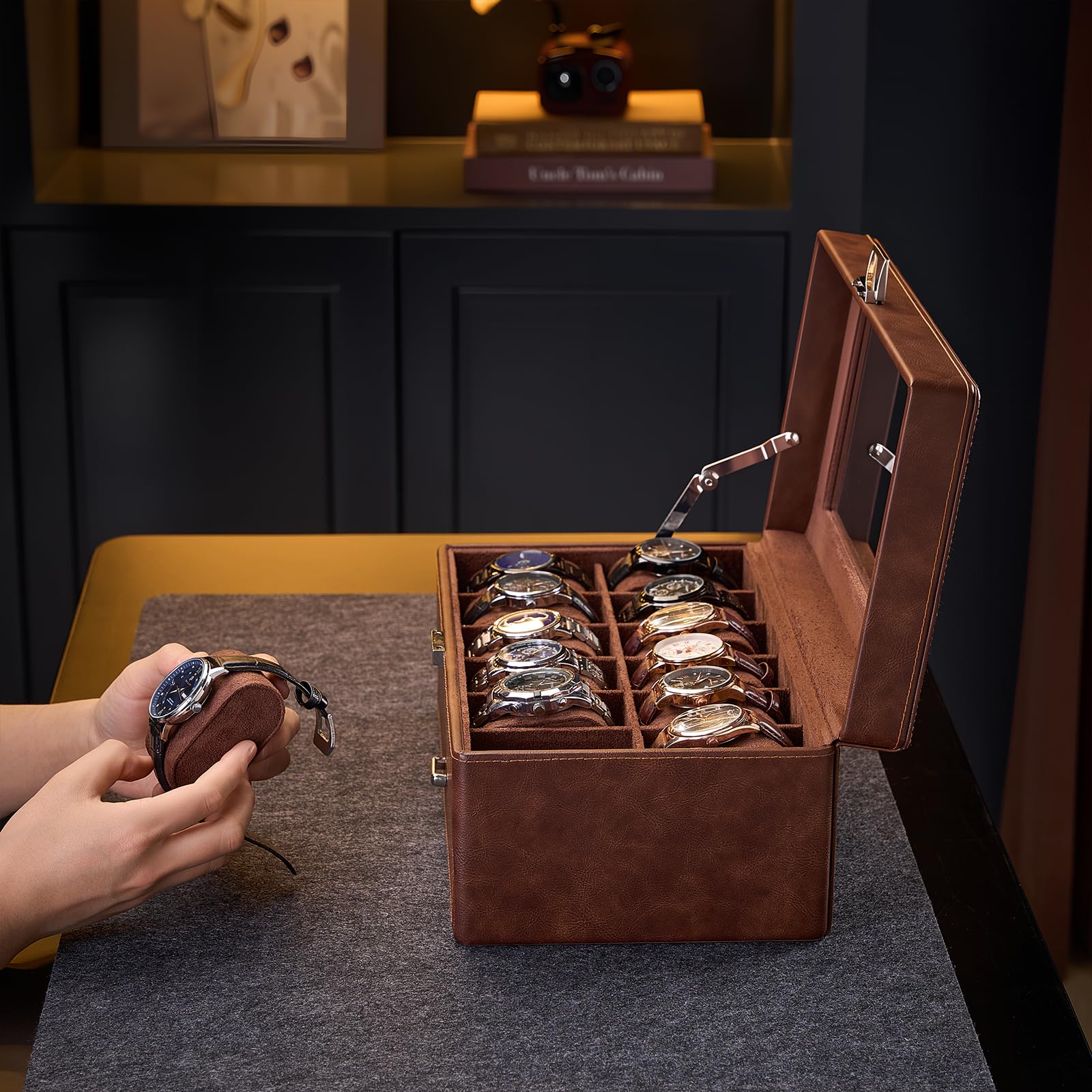 ProCase 12 Slot Uhrenbox für Herren，Uhrenkasten mit Schublade, Men’s Watch Box, Uhrenaufbewahrung Uhrenkoffer Uhrenschatulle - Braun