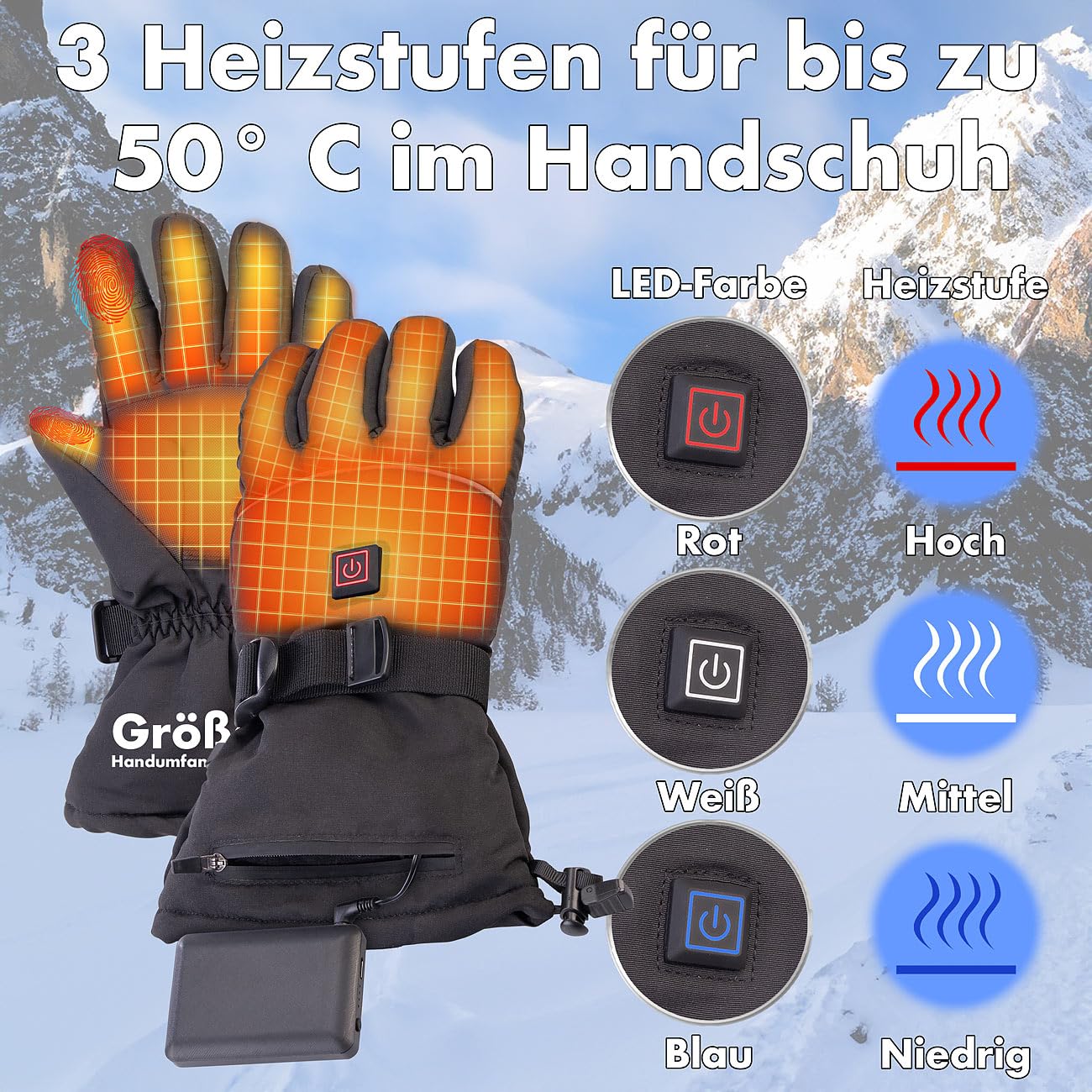 PEARL urban Heizbare Handschuhe: Beheizbare Handschuhe mit Akkus, wiederaufladbar, 3 Heizstufen, Gr. L (mit Heizung, USB, Frost)