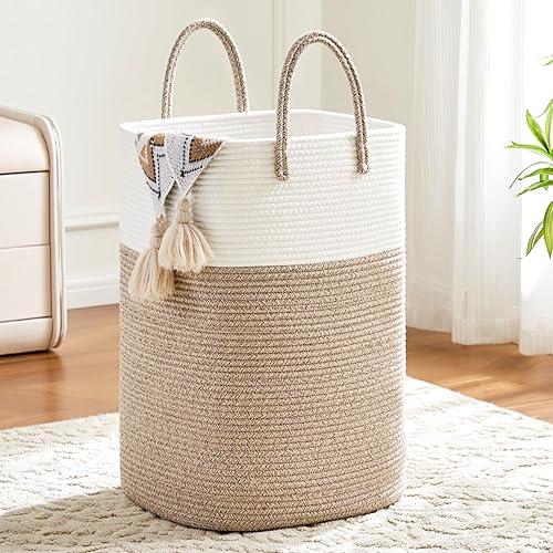 Laundry Basket,Woven Cotton Rope Laundry Hamper,Versatile Storage for Dirty Clothes,Baby Toys,and Blankets in Bathroom, Nursery,and Living Room (Brown, 60L) - 60L - Brown
