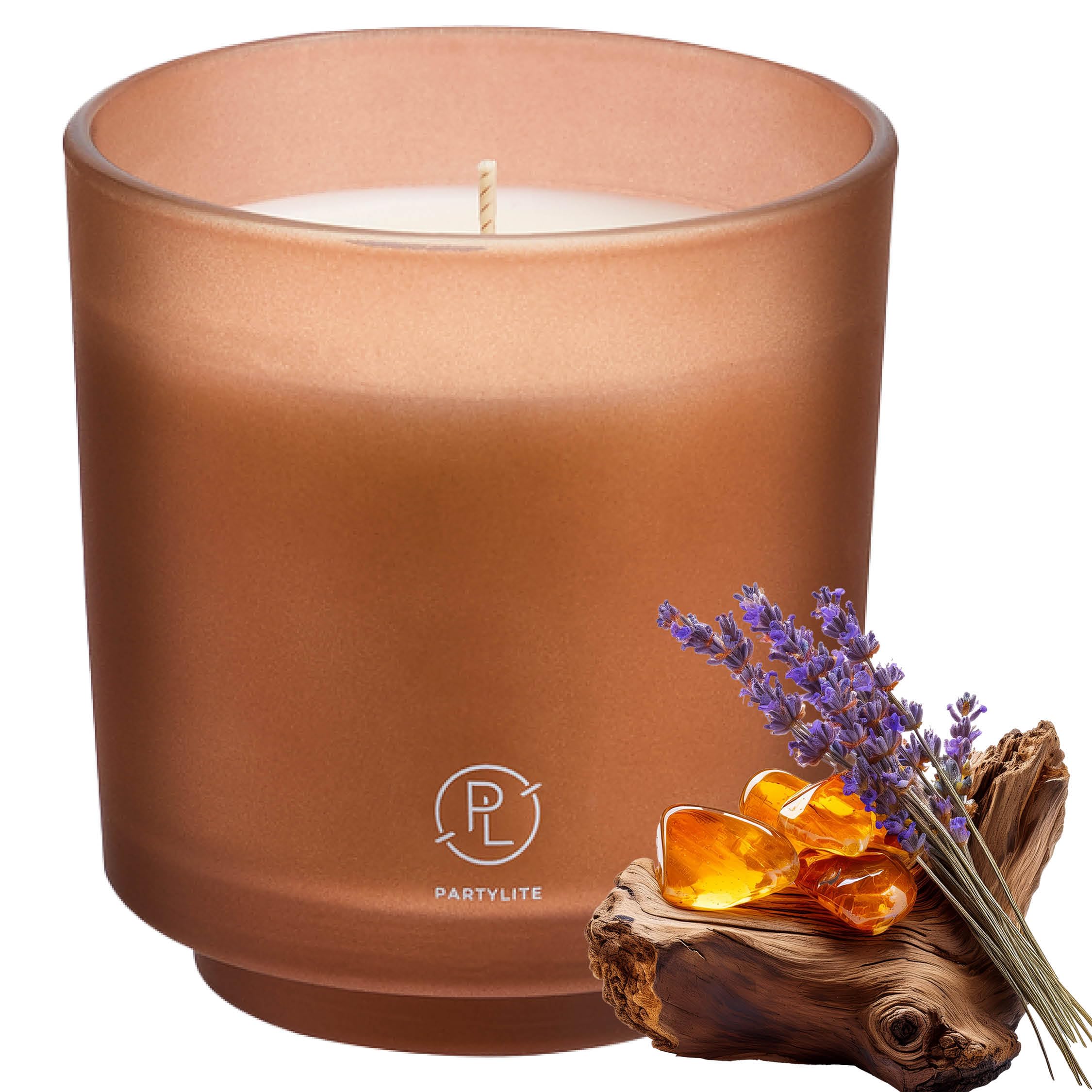 PartyLite Bougie parfumée rechargeable en pot, ambre et patchouli fumé avec parfum de lavande, aromathérapie à mèche unique avec 45 à 50 heures de combustion, idéale pour la décoration de la maison,