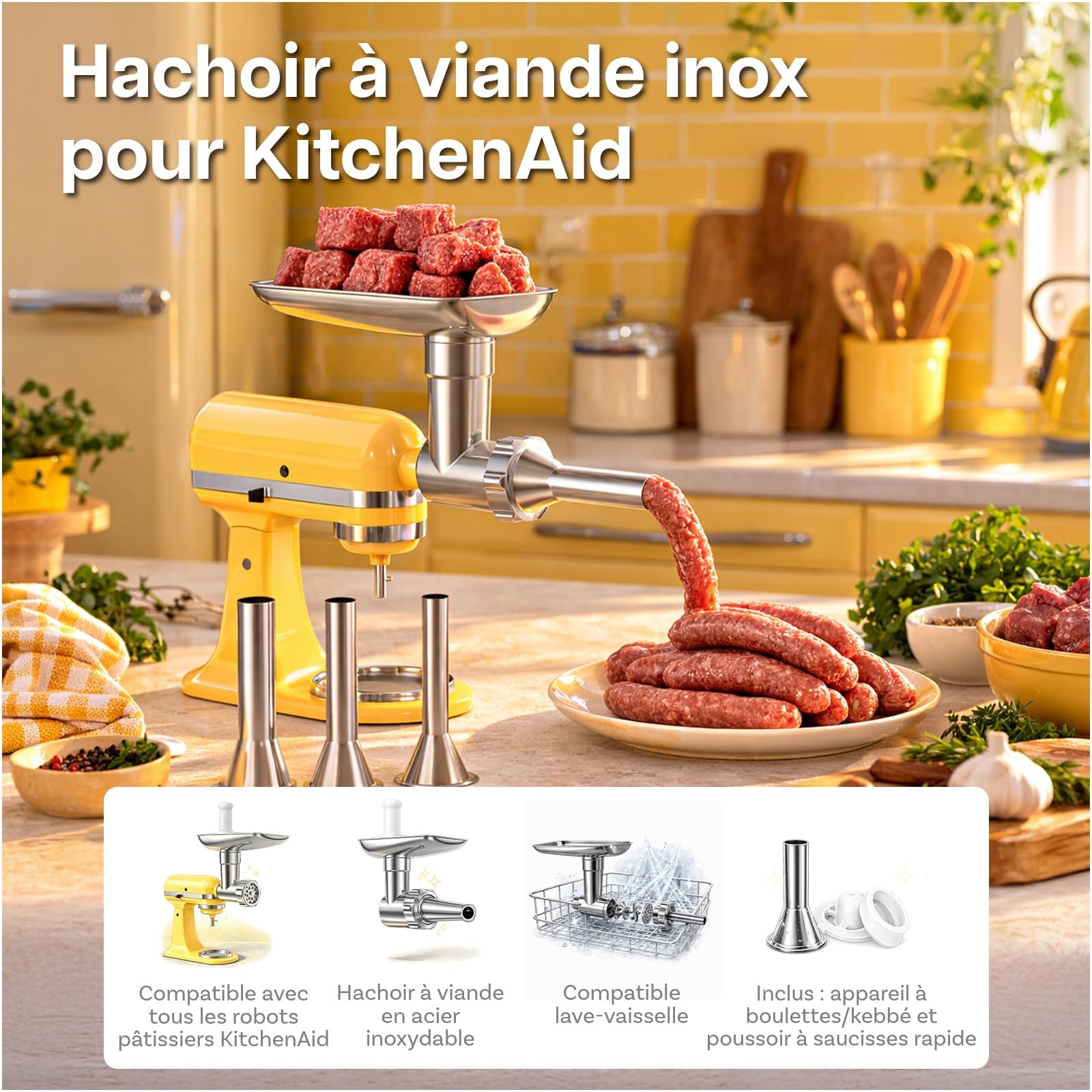 Hachoir à Viande en Acier Inoxydable pour KitchenAid – 4 Plaques de Broyage, 3 Tubes à Farcir pour Saucisses, 2 Lames de Broyage & 1 Moule à Boulettes de Viande – Lave-Vaisselle – Par MMOBIEL