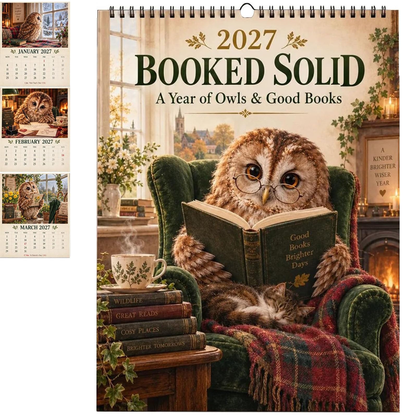 2027 Booked Solid Wall Calendars, A Year of Owls & Good Books (1pc)