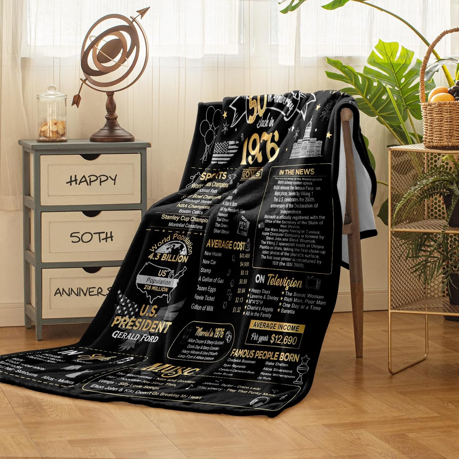 50th Anniversary Wedding Blanket Gifts Gift for 50th Wedding Anniversary Golden 50 Years of Marriage Gifts for Couple Wife Husband Dad Mom Parents Back in 1976 Blanket 60Lx50W - Image 3