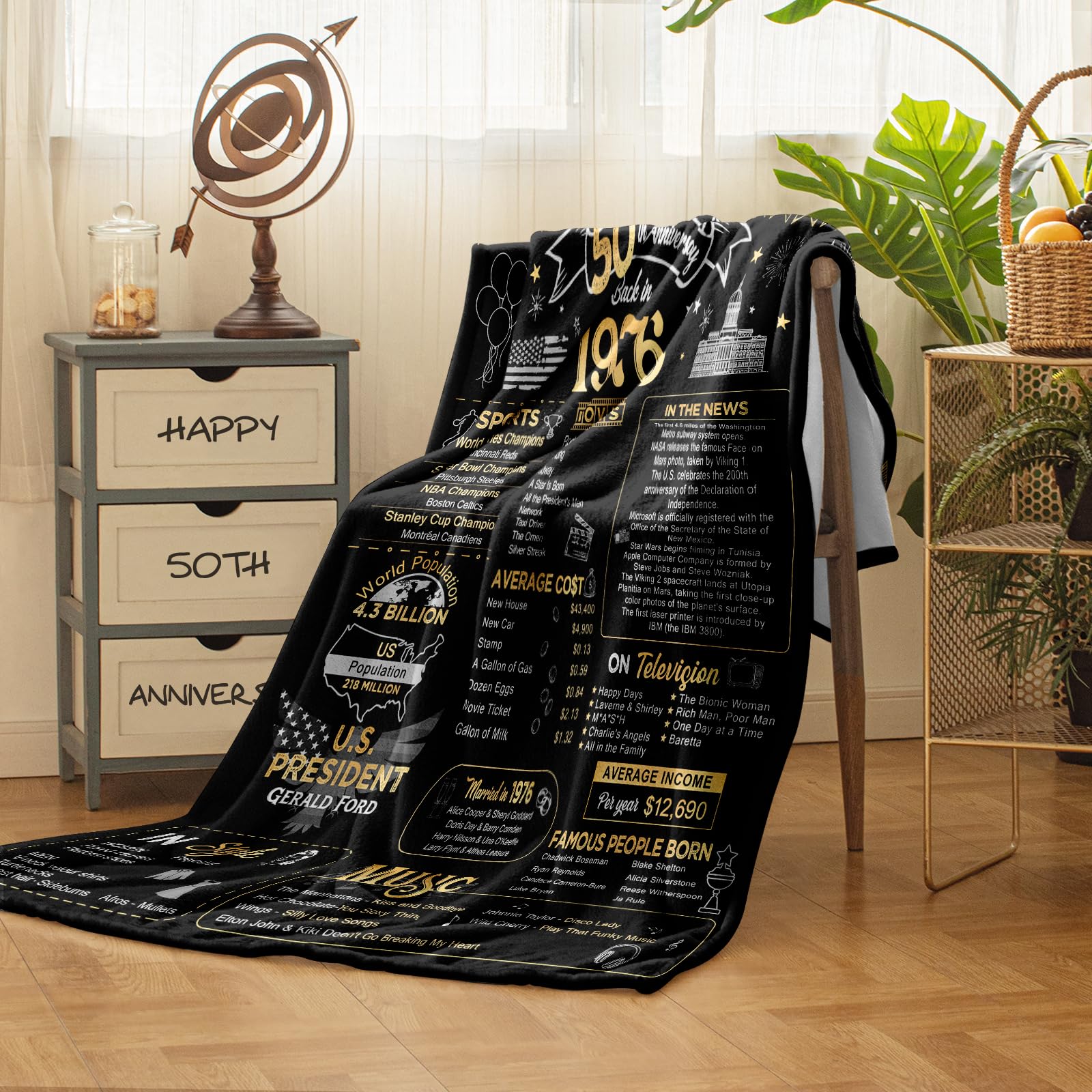 50th Anniversary Wedding Blanket Gifts Gift for 50th Wedding Anniversary Golden 50 Years of Marriage Gifts for Couple Wife Husband Dad Mom Parents Back in 1976 Blanket 60Lx50W