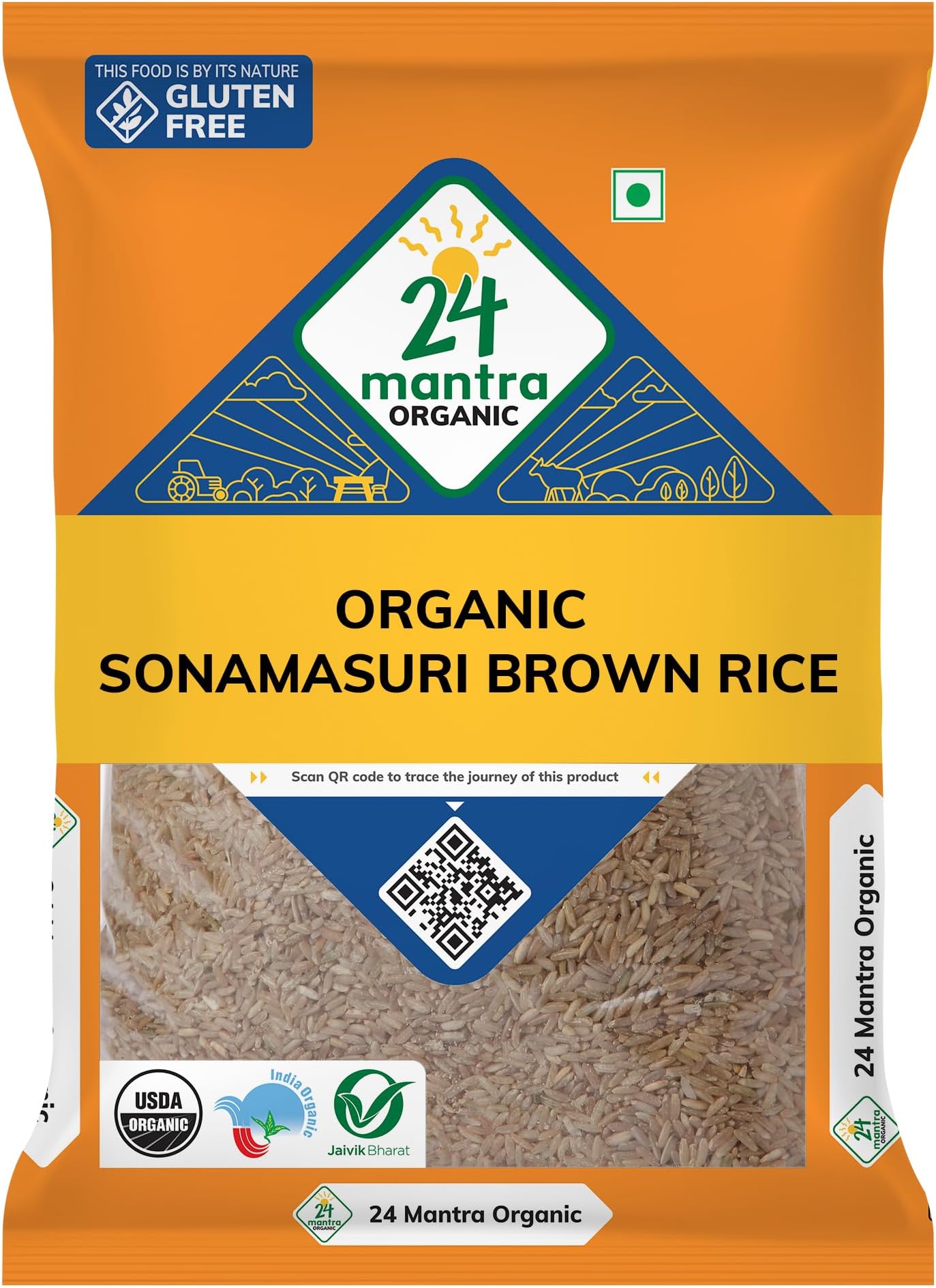 24 Mantra Organic Sonamasuri Unpolished Rice Brown/Brown Chawal - 1 Kg | Pack of 1 | 100% Organic | Chemical Free & Pesticides Free