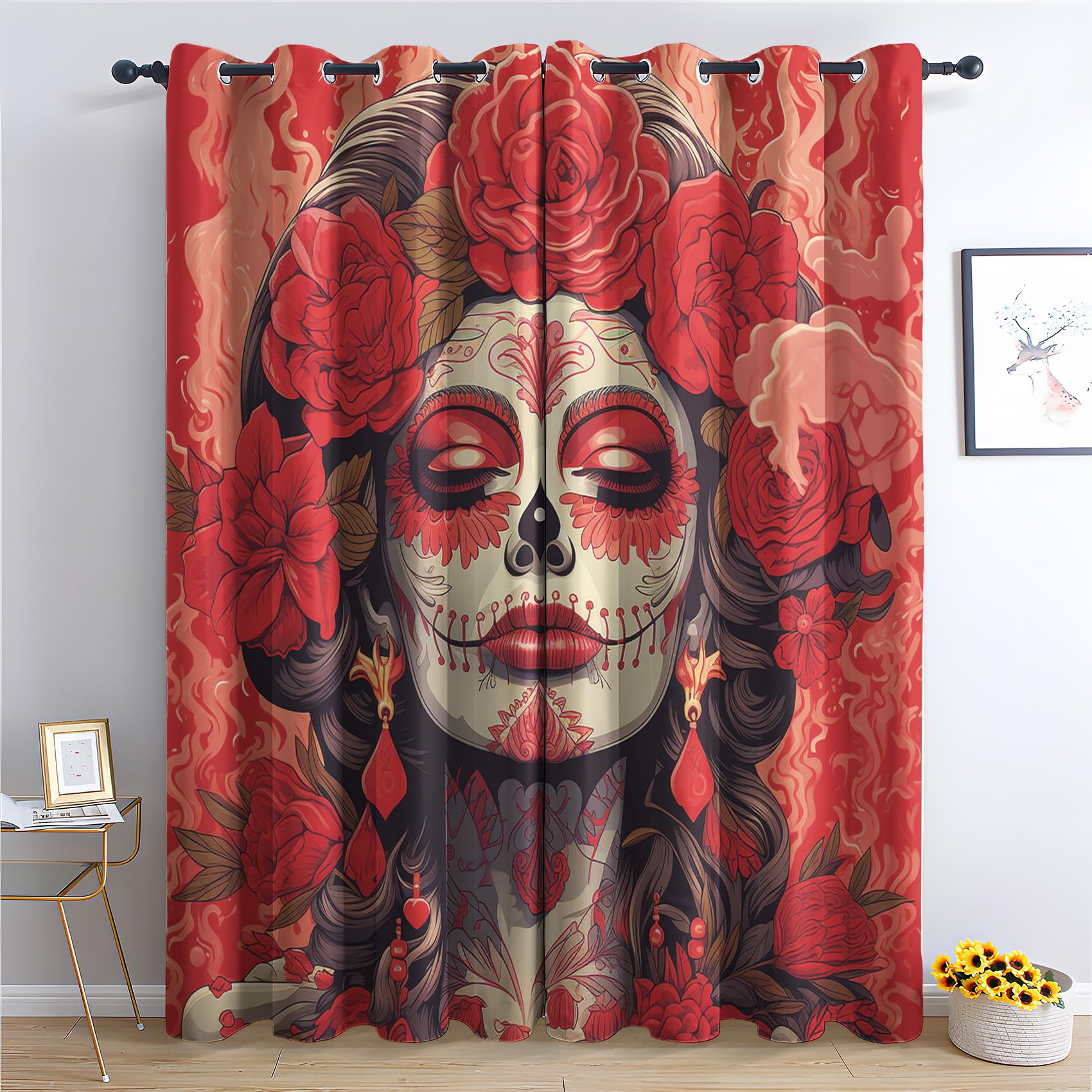 Day of the Dead Curtains for Bedroom Living Room - Girls Red Floral Blackout Curtains 46 x 54 Inch (Width x Drop), Thermal Insulated Eyelet Curtains & Drapes, Patterned Window Treatments J-#143