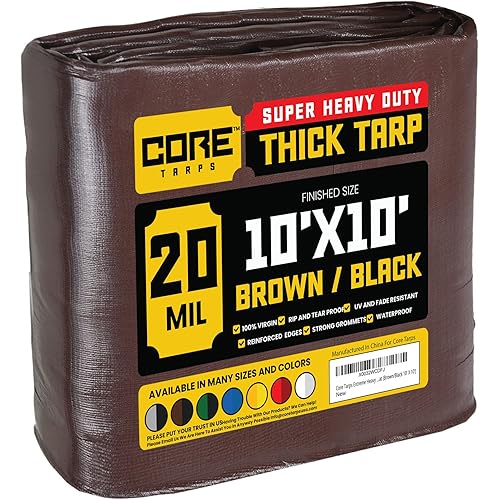 Core Tarps Extreme Heavy Duty 20 Mil Tarp Cover, Waterproof, UV Resistant, Rip and Tear Proof, Poly Tarpaulin with Reinforced Edges for Roof, Camping, Patio, Pool, Boat (Brown/Black 10′ X 10′)