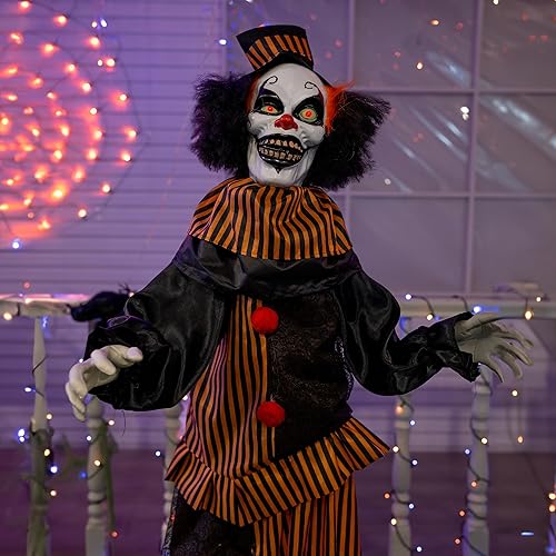 Miniatura 3 de Hourleey Decoración de payaso animatrónico de tamaño real para Halloween, payaso animatrónico aterrador con ojos rojos intermitentes, decoración de