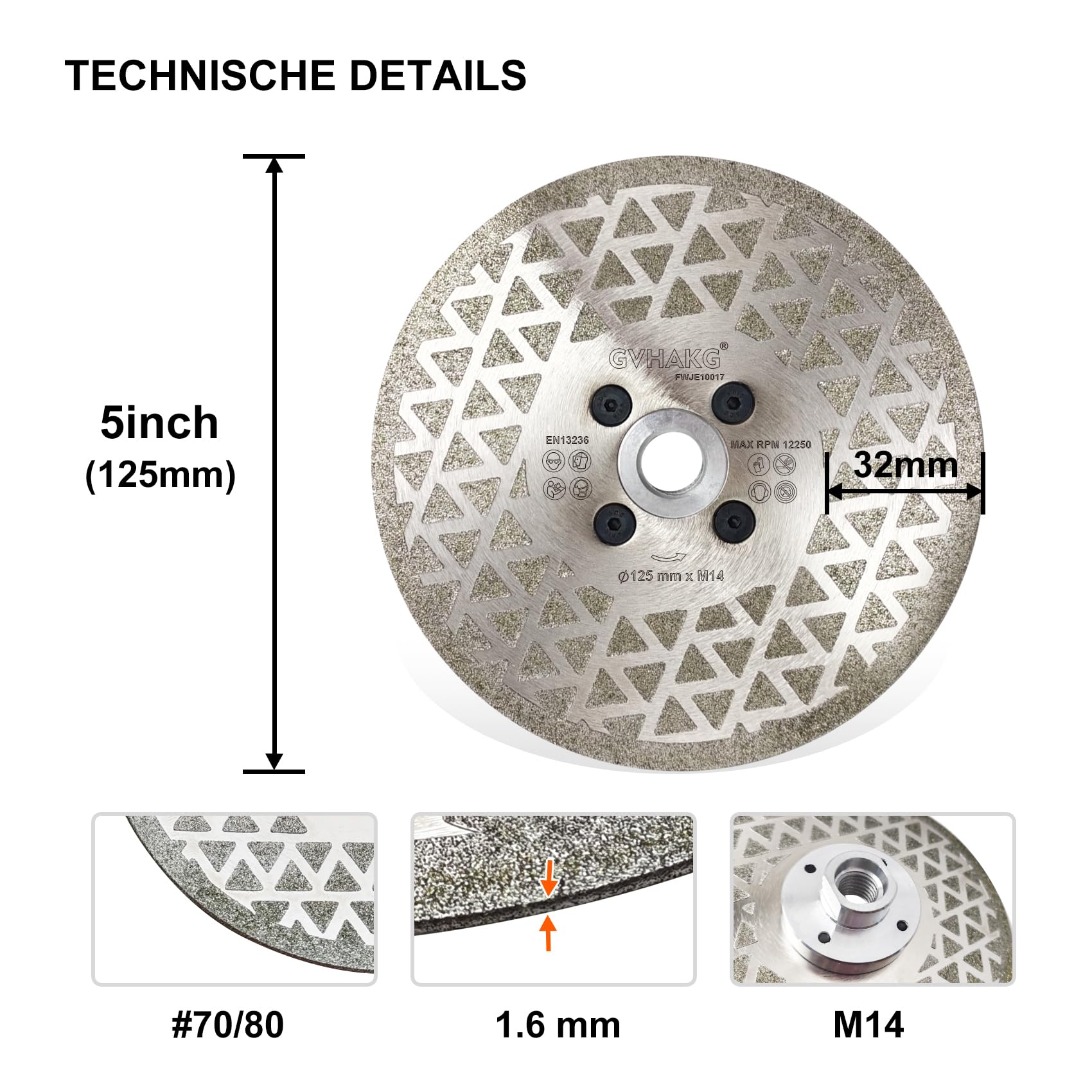 Disque à tronçonner diamanté, 125 mm, galvanisé, pour couper et poncer, granit, marbre, carrelage, pierres naturelles, filetage M14