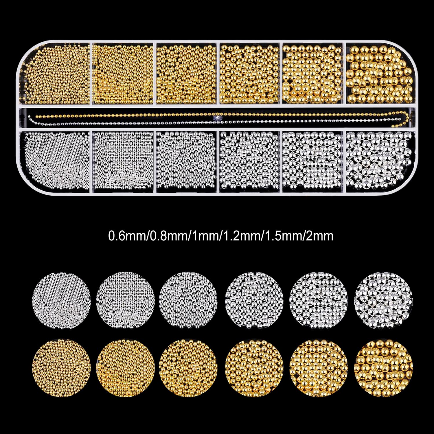 Mini koraliki do paznokci, 1-3 mm, metalowe koraliki kawiorowe, srebrne i złote, koraliki do zdobienia paznokci, mikrokawior do paznokci, cyrkonie do dekoracji manicure