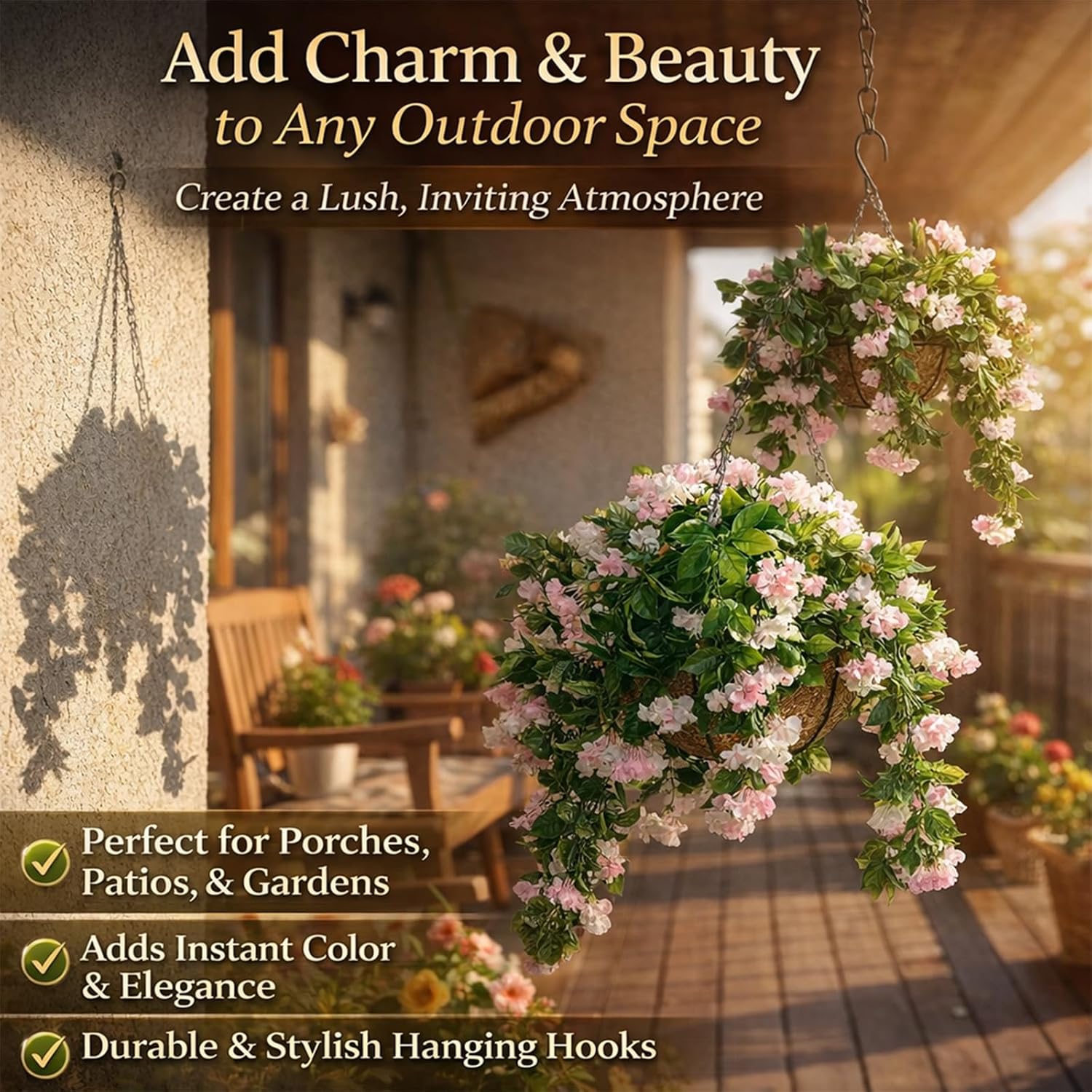 15" Faux Crepe Myrtle Hanging Baskets – Set of 2, UV Resistant Lifelike Artificial Flowers, Rainproof and Fade-Resistant Preserved - Never Wither or Fall (White-2pcs)