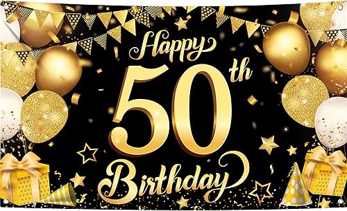 Miniatura 1 de KatchOn, Fondo de feliz cumpleaños 50, grande, 72 x 44 pulgadas, decoraciones de cumpleaños 50 negro y dorado | Cartel de feliz cumpleaños 50 para