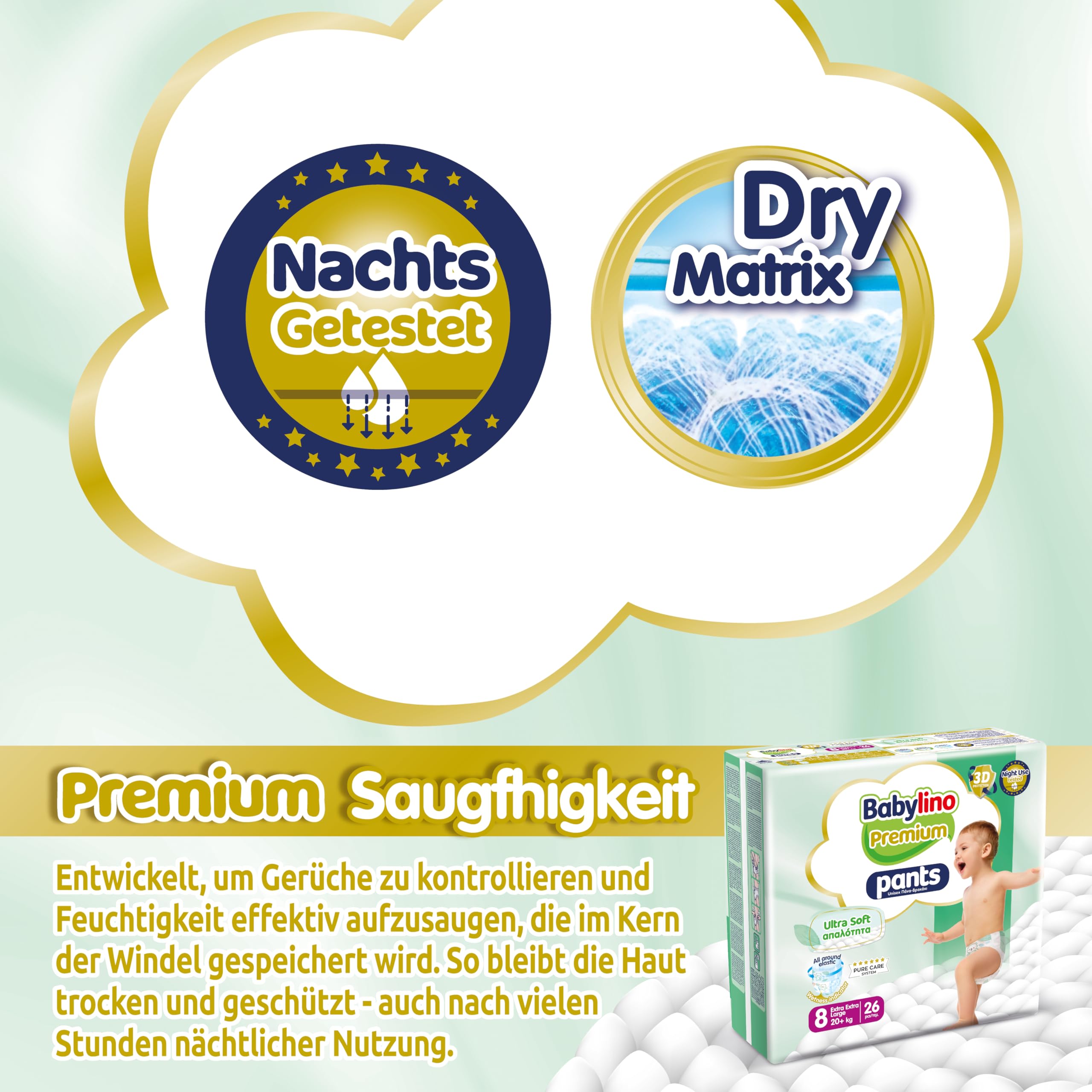 Babylino Premium Pants Größe 8 mit Ultra-Soft-Filter, XXL (20 + kg), 26 Stück
