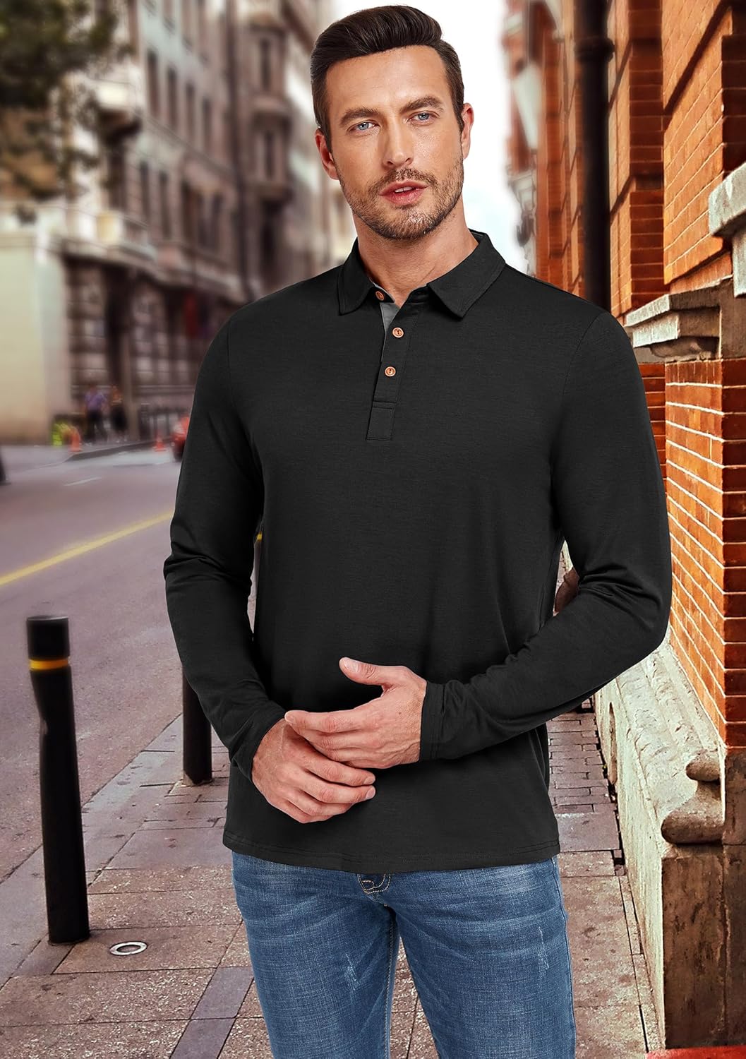PEGENO Mens Polo Short/Long Sleeve Shirt Classic Button Basic Solid Color Designed Collared Polo Shirt Fashion Casual Shirts - Image 6