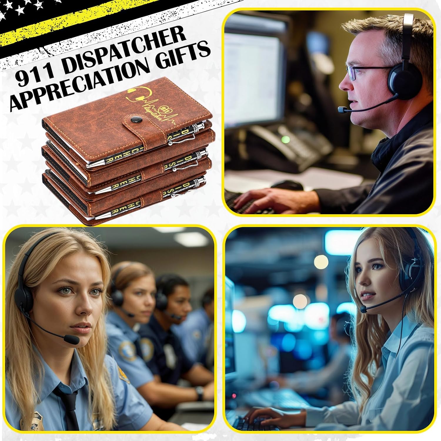 Ctosree 15 Sets 911 Dispatcher Gifts Bulk Pocket Leather Notebooks with Yellow Flag Pens for Telecommunicator Week Dispatcher Appreciation Gifts Lined Small Journal Office Supplies Accessories