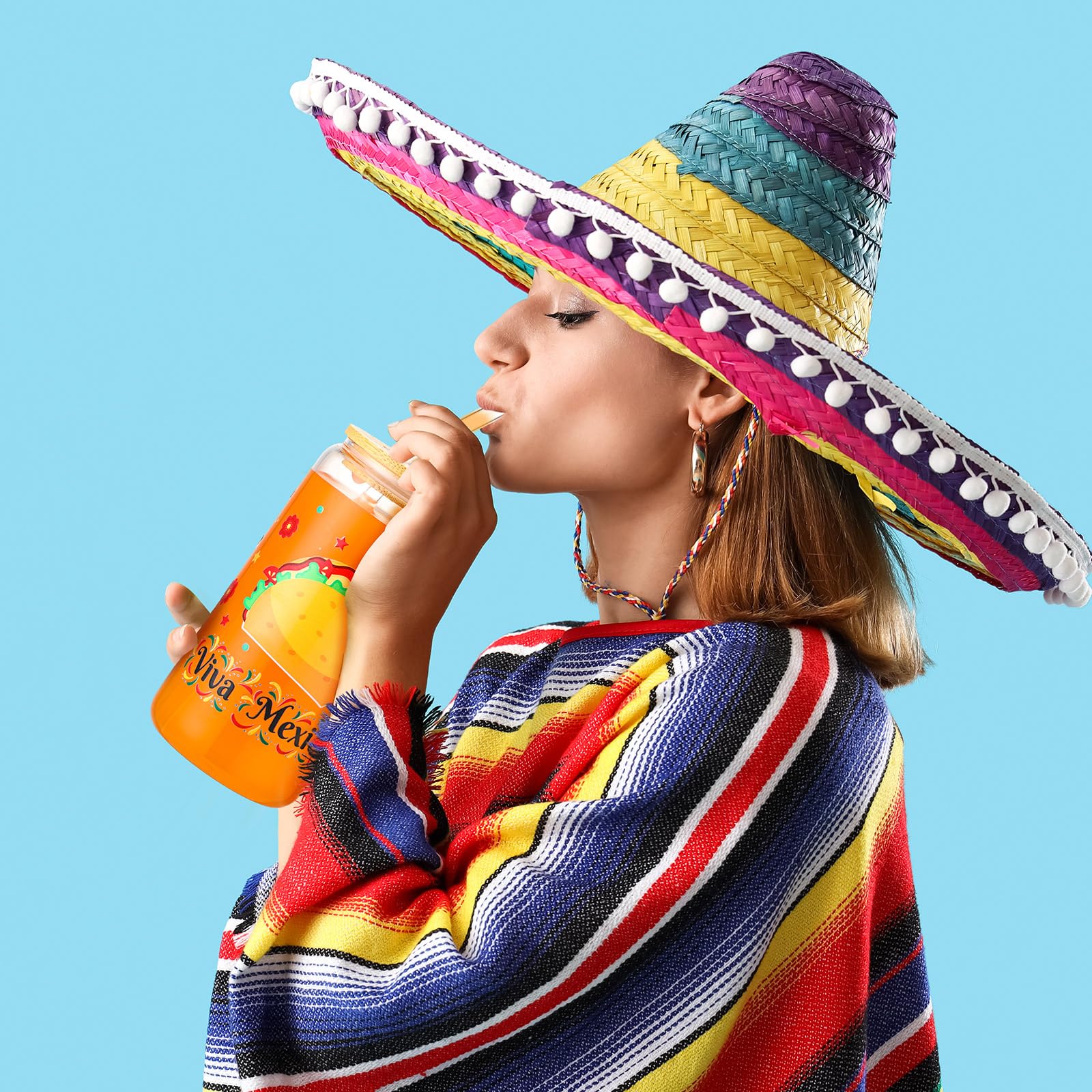 Layhit 6 vasos de cristal mexicanos de 16 onzas con tapa de bambú y pajita, vaso de café para fiesta del Cinco de Mayo, decoración de fiesta, vaso mexicano para taco, suministros de fiesta de