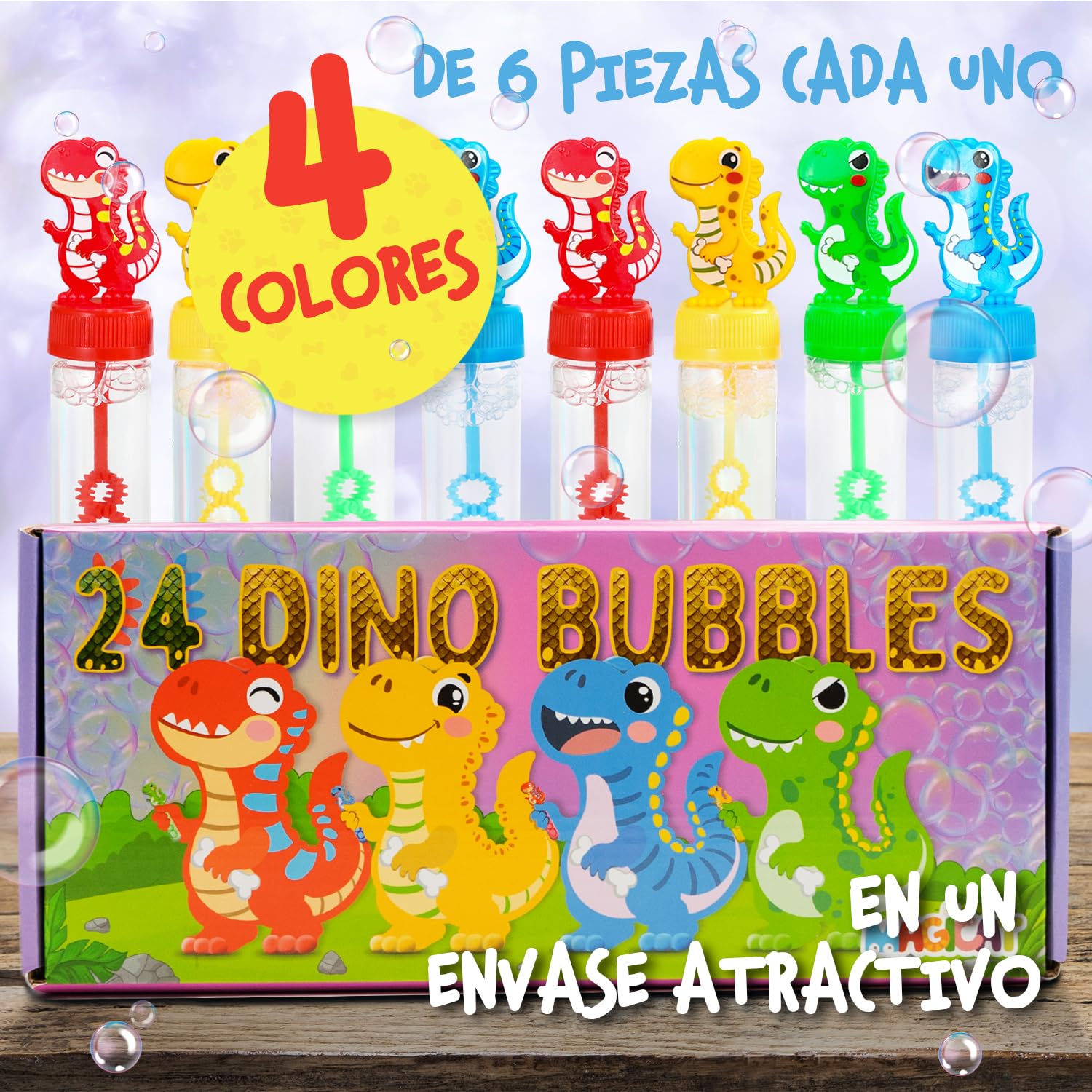 Magicat Juego de 24 pompas de jabón XXL para niños, juego de 24 pompas de jabón con divertidas asas de dinosaurio, obsequios para cumpleaños infantiles, burbujas de jabón líquidas de 30 ml, pompas de