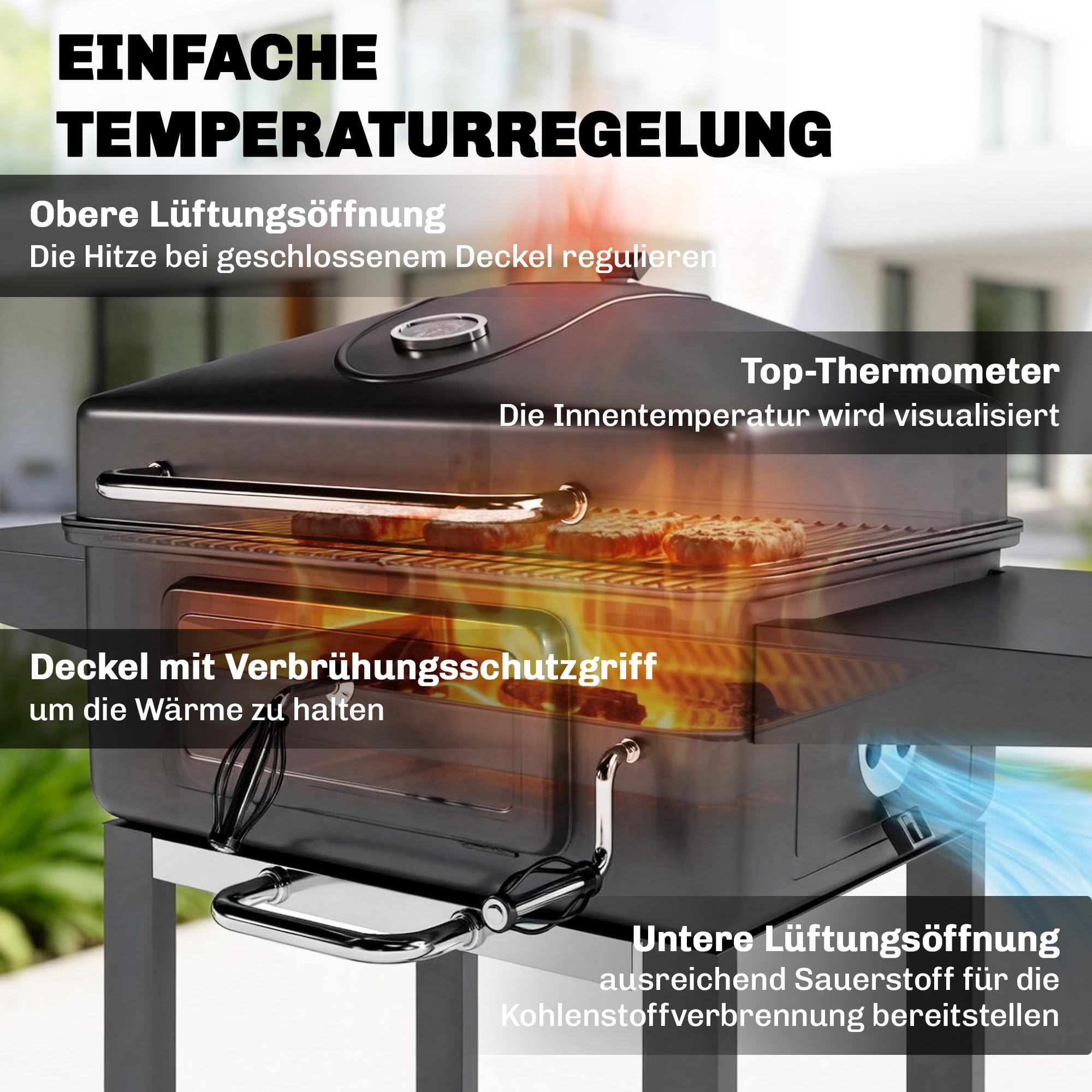 Outsunny Holzkohlegrill BBQ Smoker Deckel Thermometer Grillwagen Räder | Höhenverstellbar Kohlepfanne, Grillrost, Seitentisch, Aschefach, Lüftungsschlitzen, Kohlegrillwagen, Camping Garten