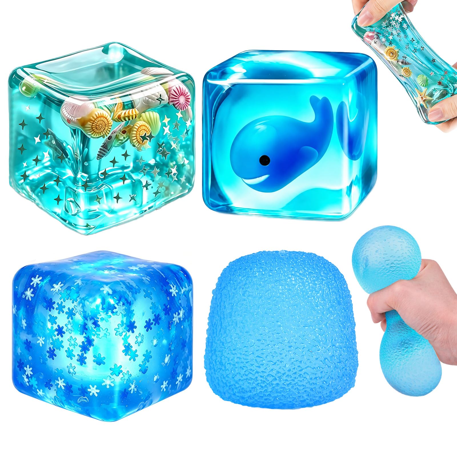 4Pcs Suqishy Fidget Toys Set , Blue Stress Balls Toys Set, Slow Rise Sugar Sensory Fidget Toy for Adults Fun Hand Grip Pressure Ball for Home Travel (Ice Cubes+Ocean Cubes+Semicircle+ Whale Glow Cub) — image 1