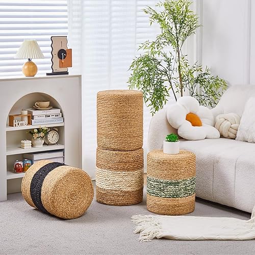 Miniatura 2 de Wimarsbon Puf otomano de 2 piezas, taburete de pie de hierba marina natural, otomana redonda tejida a mano, asiento decorativo bohemio, puf trenzado