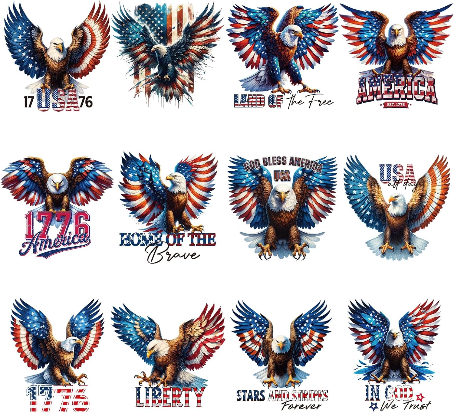 Bald Eagles Iron on Transfer - 12Pcs Dtf Transfers Ready to Press, American Birds Flag Iron on Decals Patches for Tshirts, Independence Day 4th of July Patriotic Heat Transfer for DIY Clothes