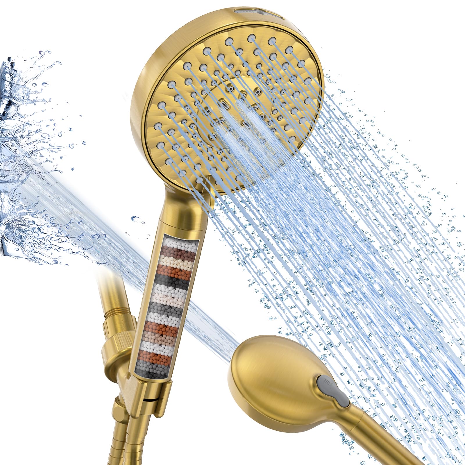 SR SUN RISE Pommeau de douche filtré avec haute pression 9 modes de pulvérisation - Pommeau de douche amovible - Adoucisseur d'eau - Perles pour eau dure - Élimine le chlore - 1 filtre 1,8 GPM - Or