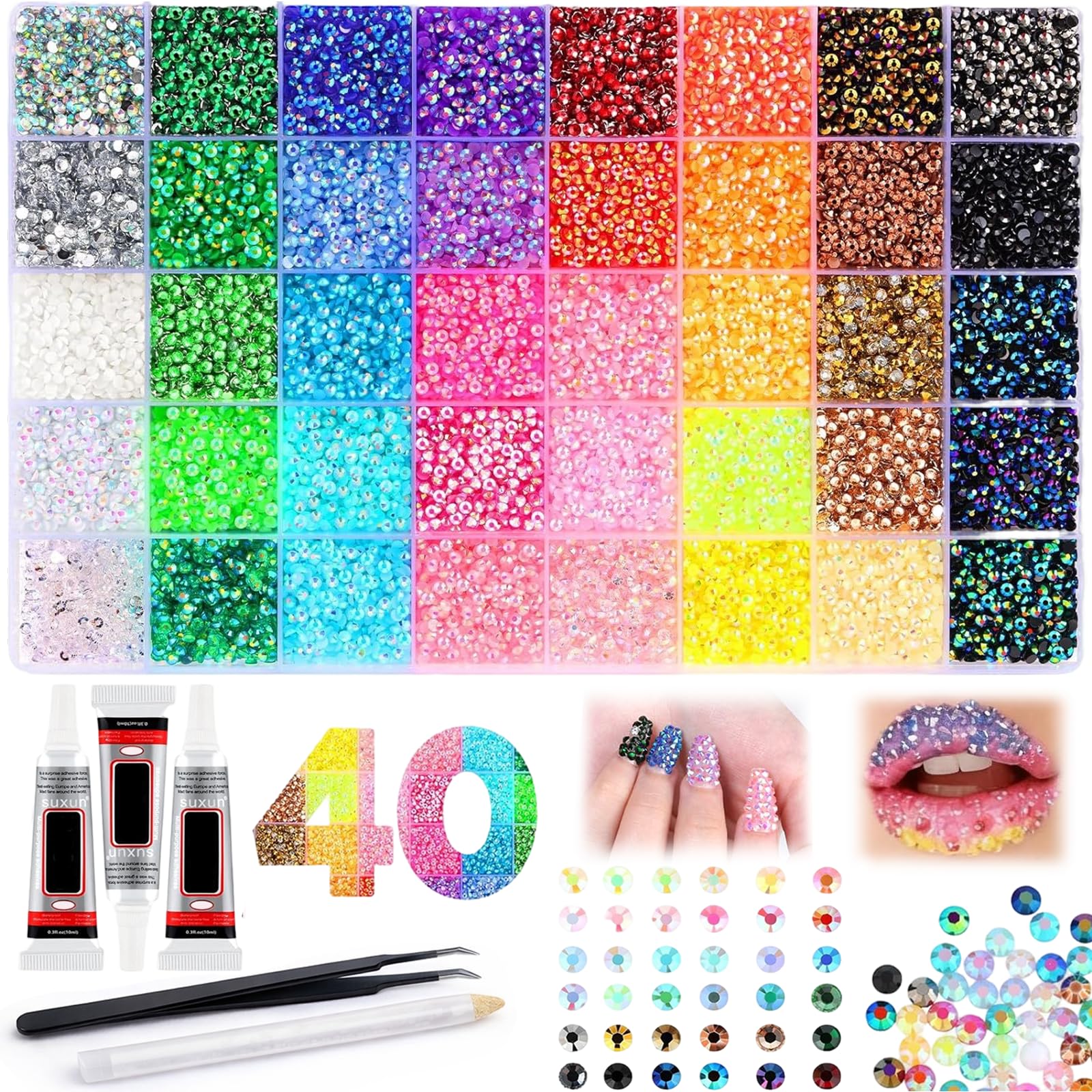 Liocwocne 40 Color 32000Pc Colorful Diy Resin Rhinestone Bedazzling Kit, 32000Pcs 40 Colors Resin Jelly Rhinestones For Bedazzling, Flatback Gems Bedazzler Kit With 3Pcs 10Ml Jewelry Glue For Nail Makeup (40 Color 32000Pc)